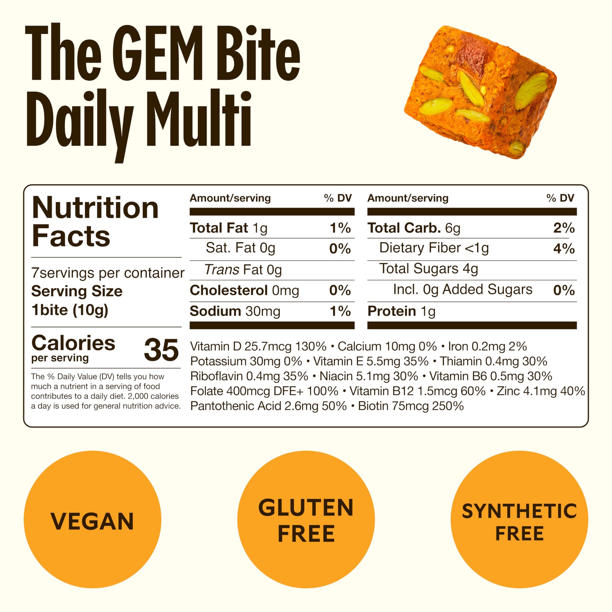 GEM Daily Essentials Citrus Ginger Multivitamin | 4 x 7-Bite Pack | Supports Energy, Gut, Skin, Brain, Bone & Immunity | 20+ Whole-Food Vitamins & Minerals | Gluten Free, Soy Free, No Animal Products