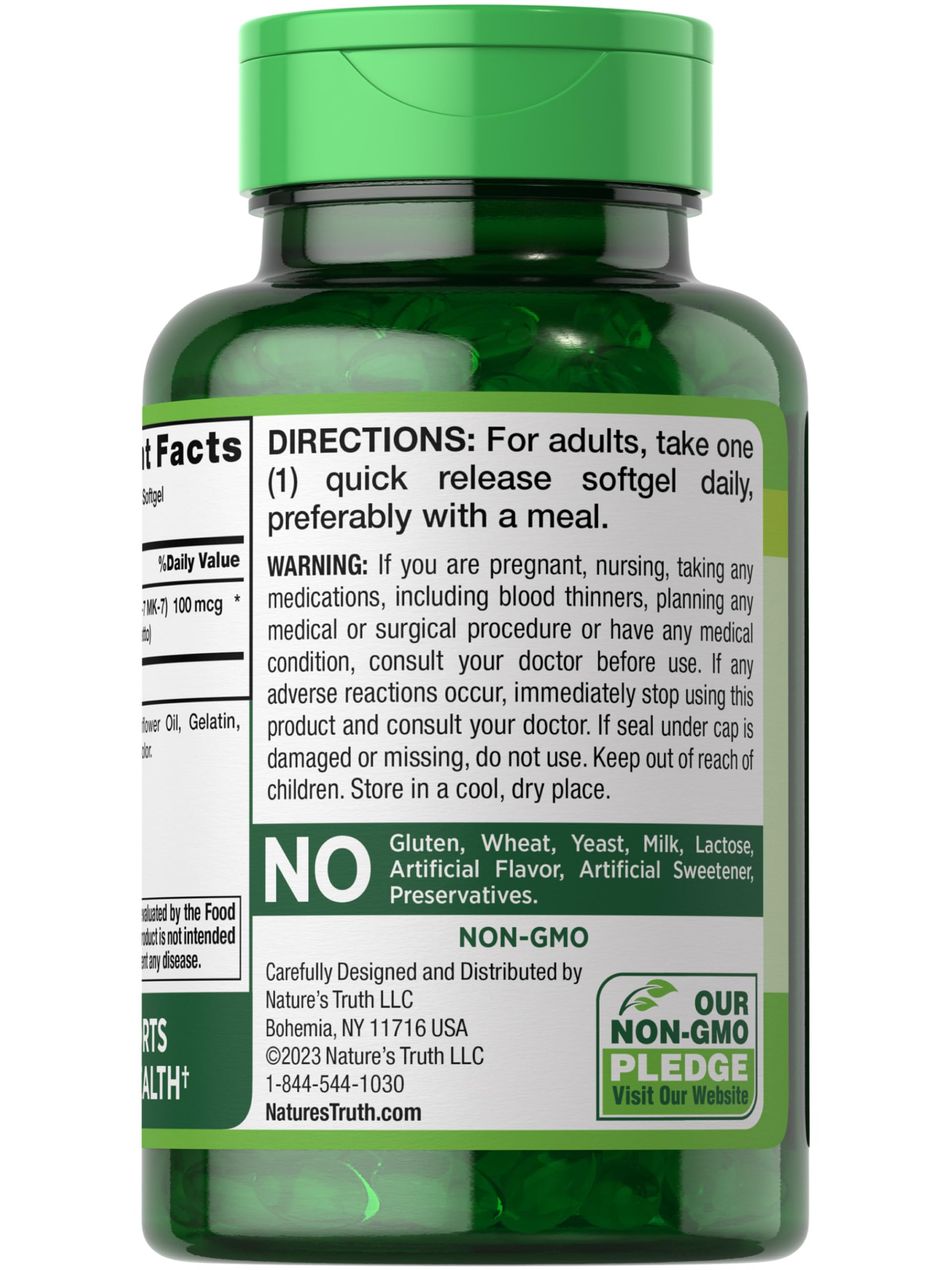 Nature's Truth Vitamin K2 MK7 Complex | 100 mcg | 180 Softgels | Non-GMO & Gluten Free Supplement