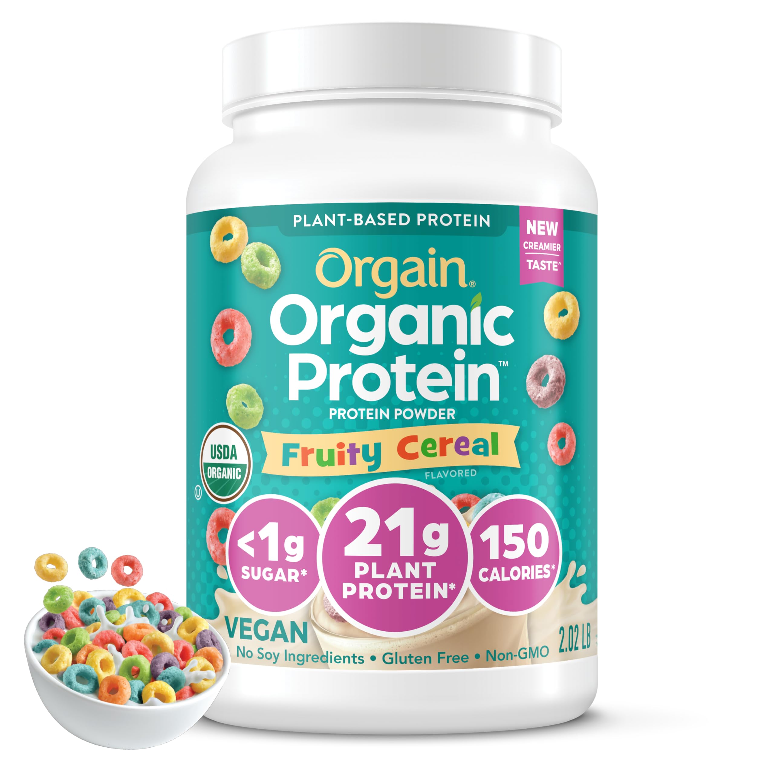 Orgain Organic Vegan Protein Powder, Fruity Cereal - 21g Plant Based Protein, 8g Prebiotic Fiber, No Lactose Ingredients, No Added Sugar, Non-GMO, For Shakes & Smoothies, 2.03 lb (Packaging May Vary)