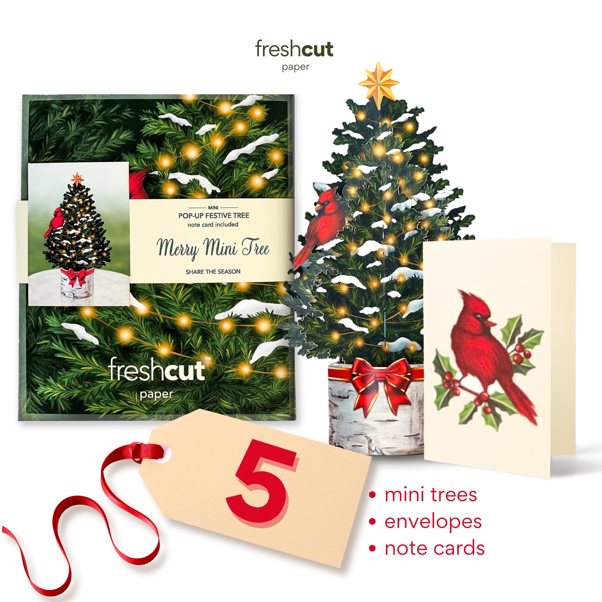 Freshcut Paper Pop Up Cards, Merry Mini Tree, 7 Inch Christmas Tree 3D Popup Greeting Cards, Christmas Cards, Holiday Gift Cards with Note Card & Envelope, Pack of 5