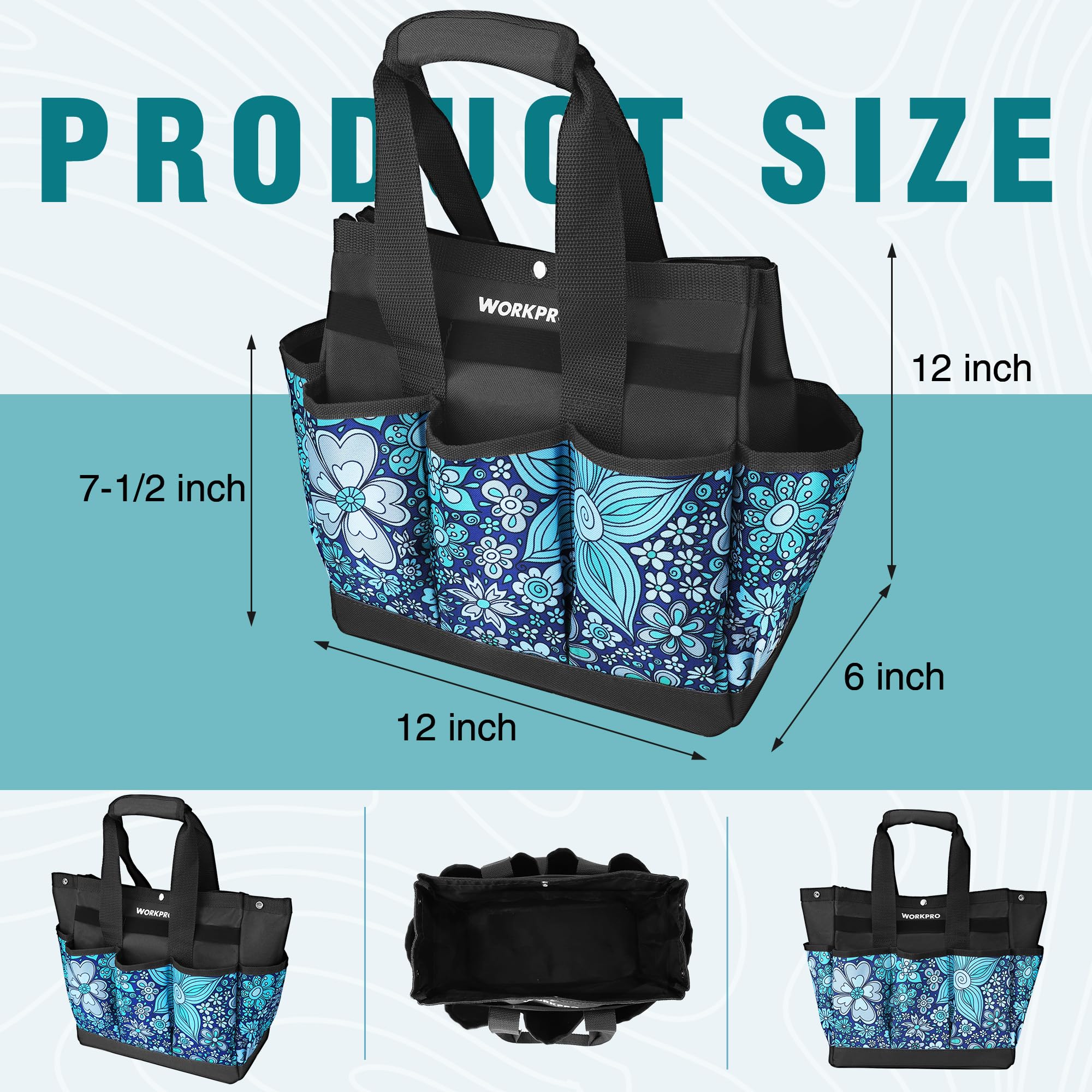 WORKPRO Garden Tool Bag, 9 Pockets Garden Tote Bag, Heavy Duty Oxford Garden Tool Storage Bag, Gardening Tool Kit Holder (Tools NOT Included), 12" x 12" x 6" (Floral Blue)