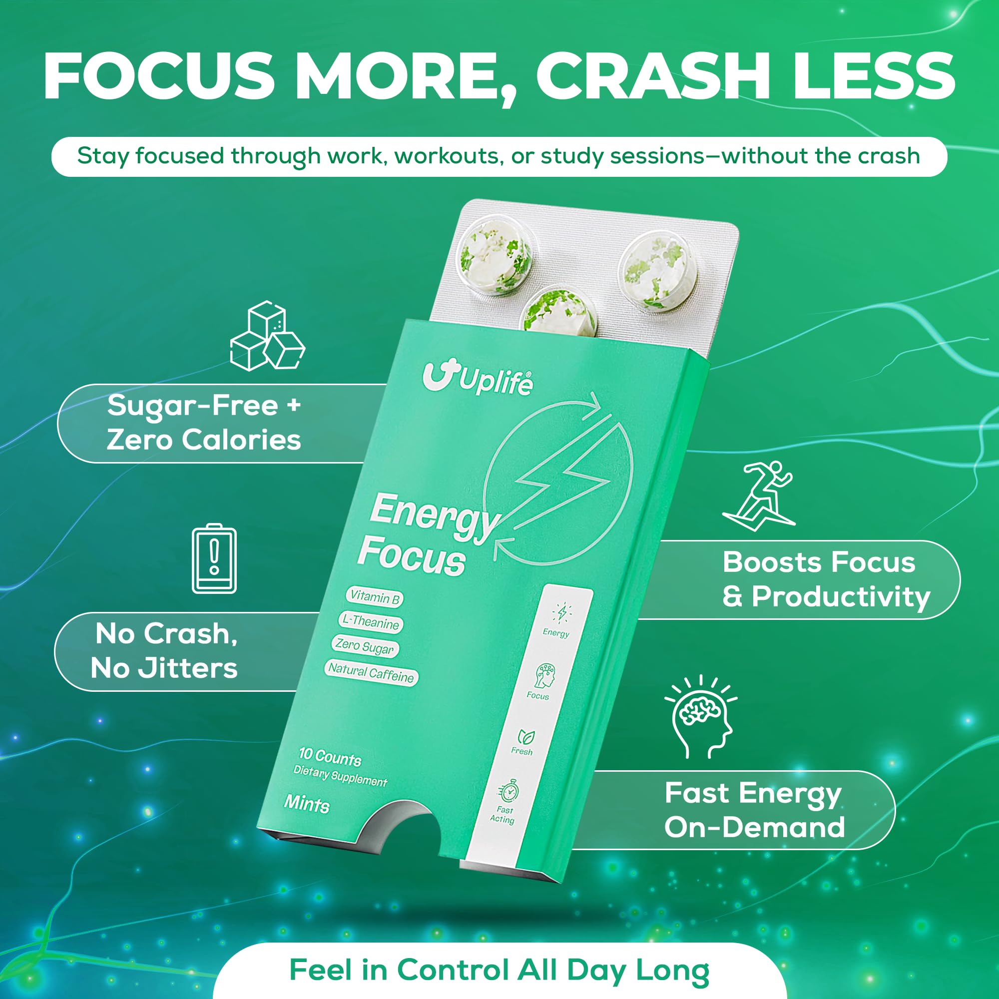 UPLIFE Energy and Focus Mint 60 Pcs – Made in USA - Peppermint – Natural Caffeine Mint Coffee Alternative - Organic Mint with 40mg Caffeine + 80mg L-Theanine + B3 & B12 - Suger Free, Non GMO