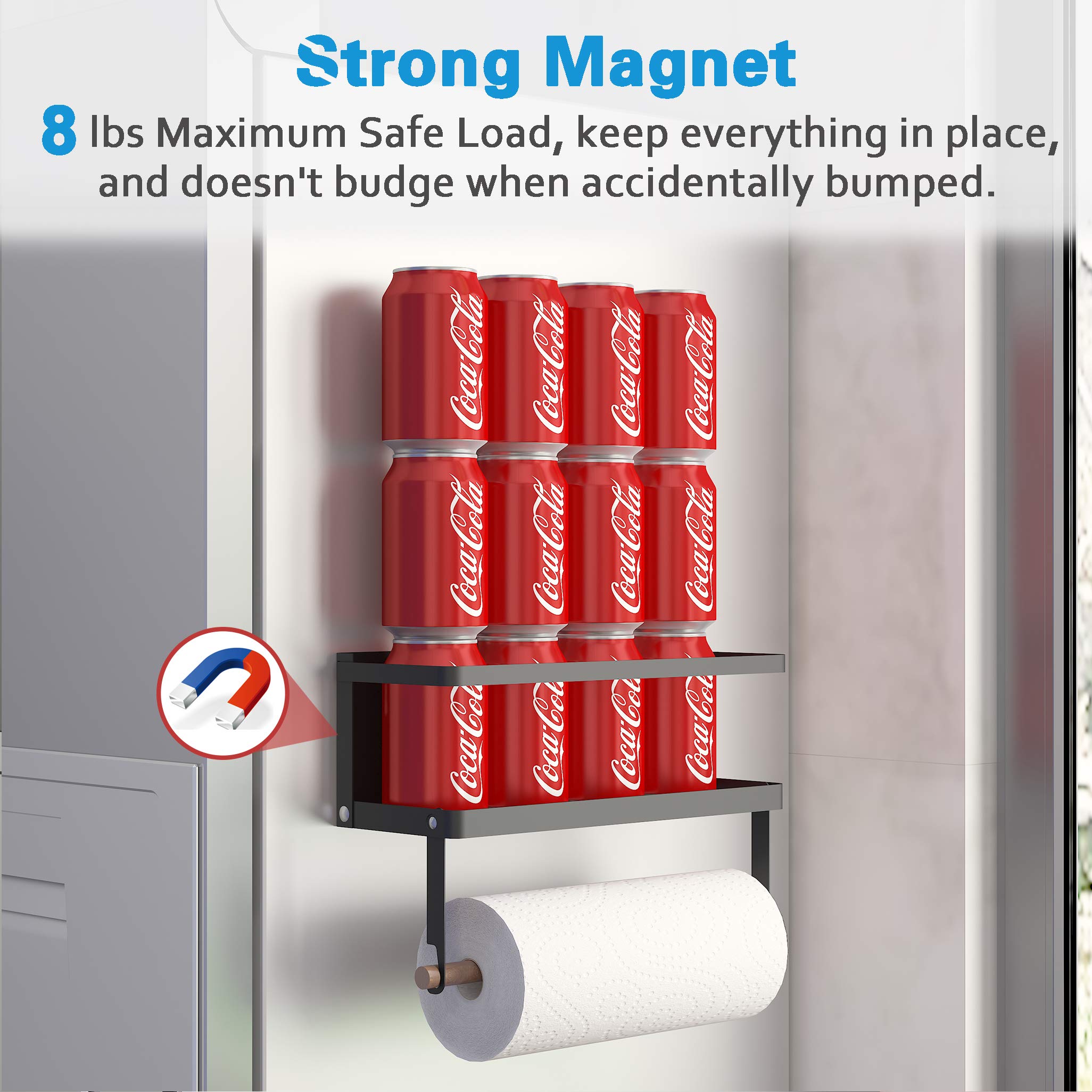 Magnetic Spice Rack, THIPOTEN 2-in-1 Foldable Strong Magnetic Shelf with Paper Towel Holder, Perfect Space Saver for Small Kitchen/Apartment, Easy to Install on The Side of Refrigerator(Black)