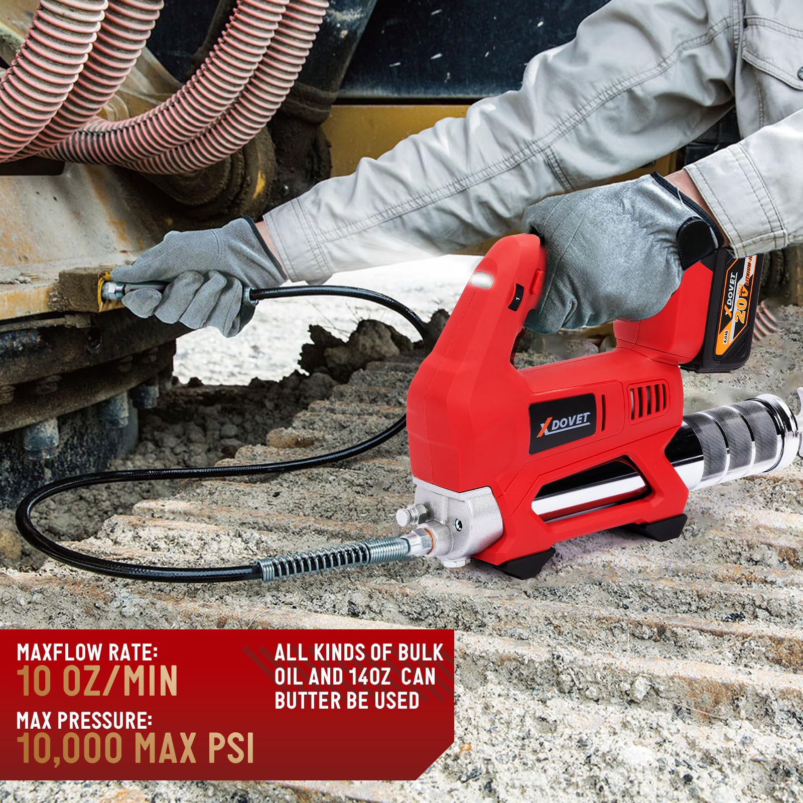 XDOVET Cordless Grease Gun Battery Powered 18V Professional Electric Grease Gun Kit with 10000 PSI Maximum Grease Capacity 14 OZ with 30-inch Flexible Hose 4 Point Base