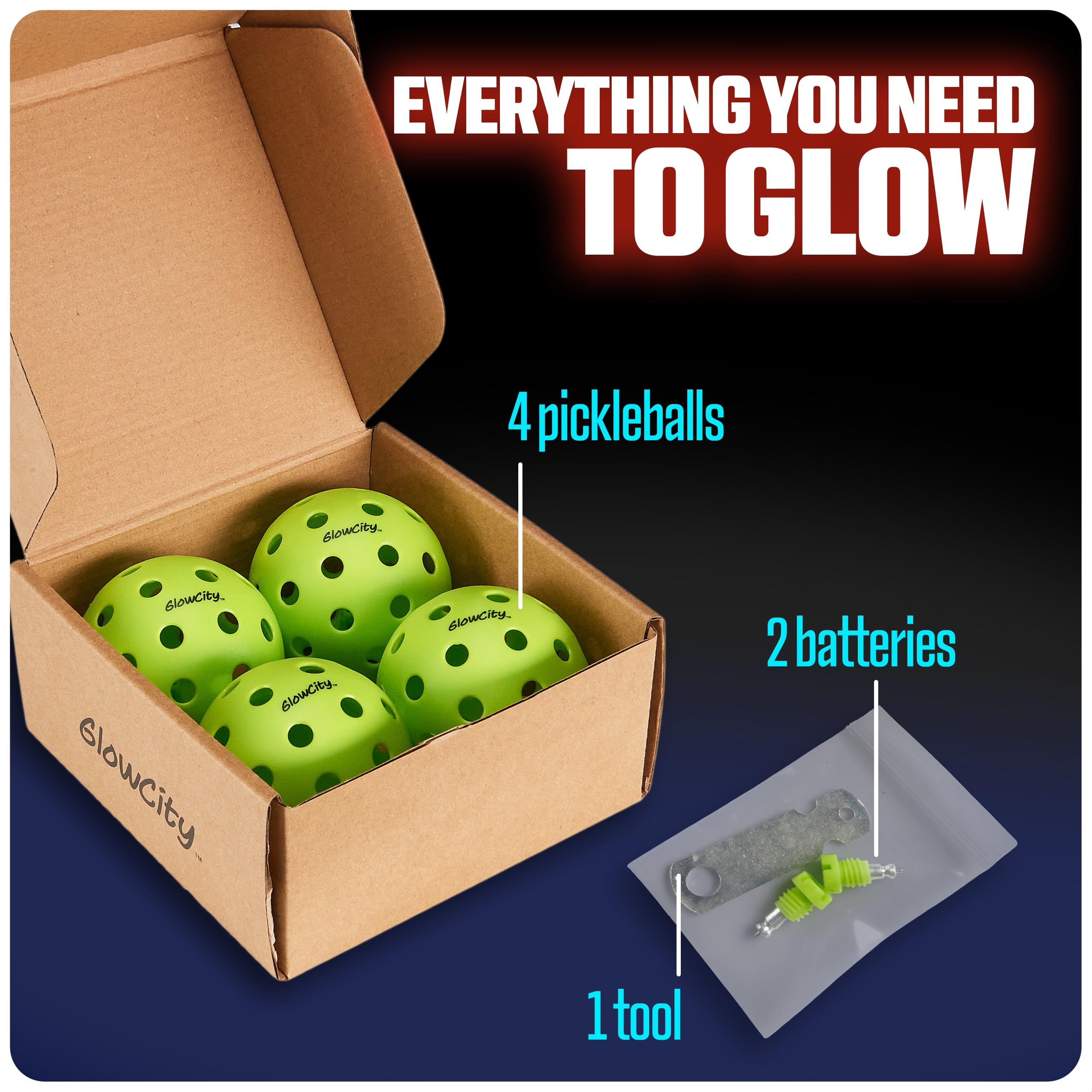 GlowCity Set of 4 LED Pickleball Set: Illuminate Your Game with Dazzling Glow in The Dark Pickleballs- Great for Night Time Play