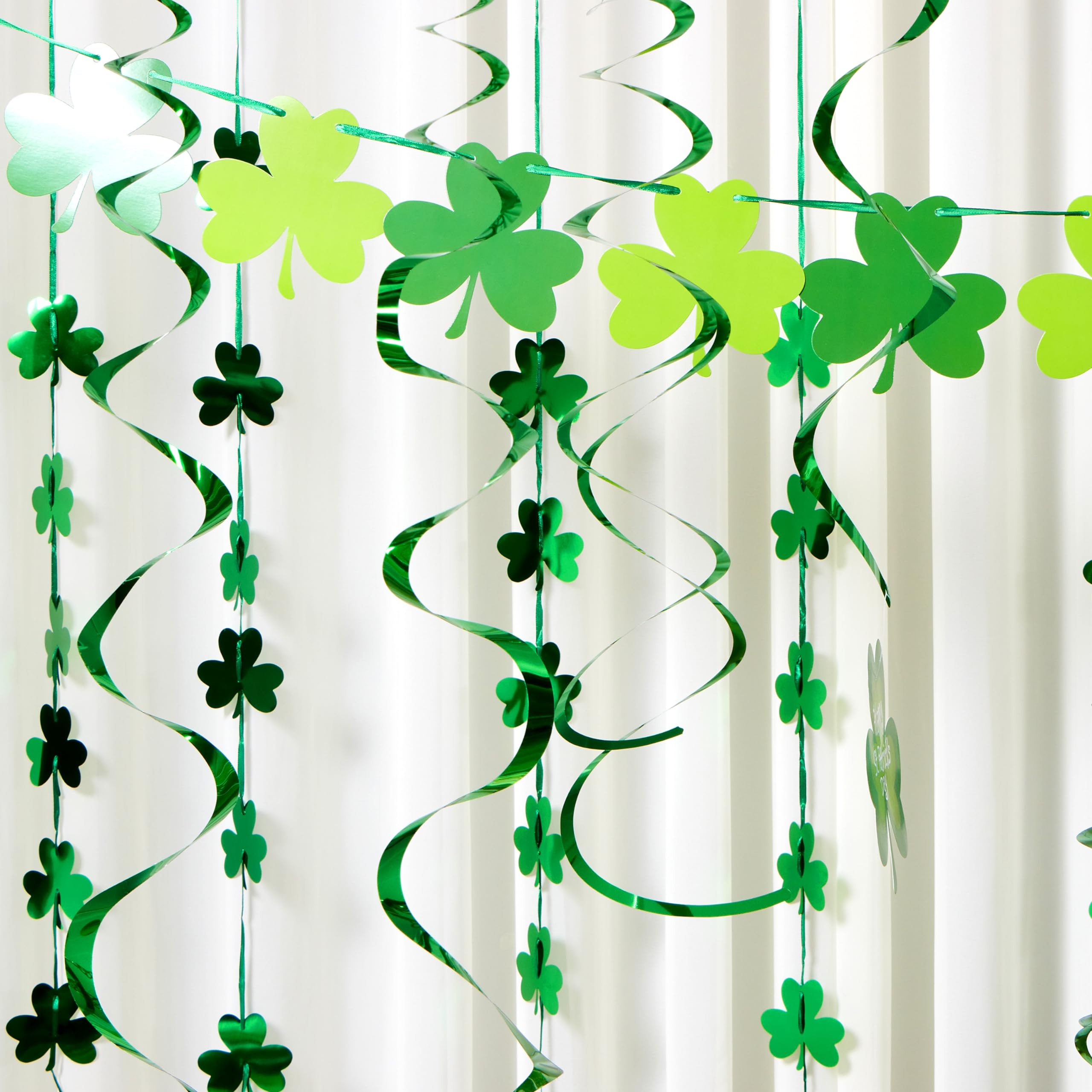 JOYIN 27 Pcs St. Patrick's Day Decoration with Irish Saint Patricks Green Shamrock Foil Strings, Hanging Swirls with Garland. Ceiling Hanging and Wall Decor