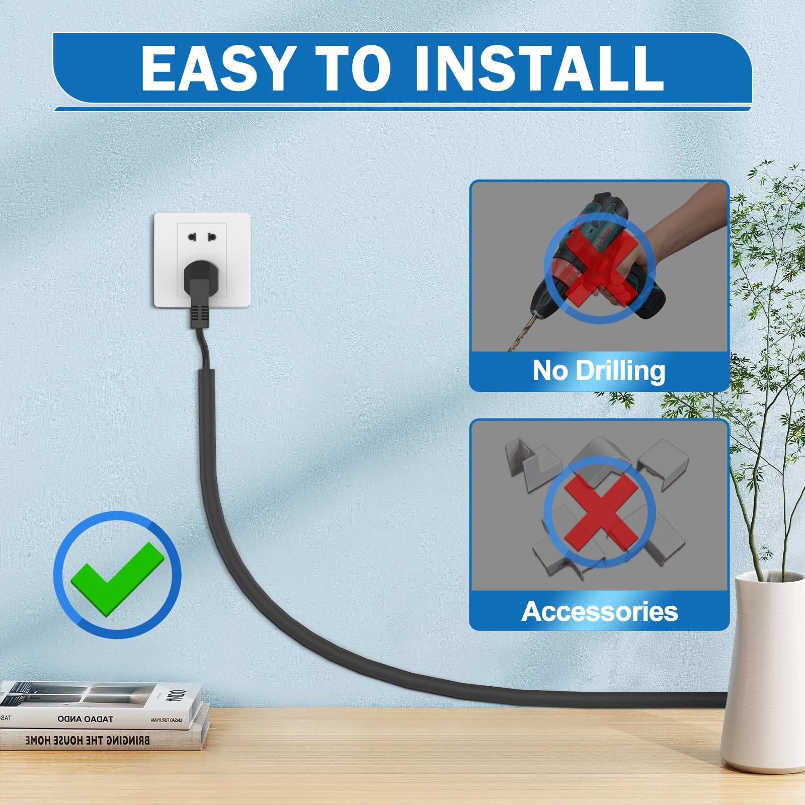 UOMTFAI Wall Cord Hider 196 Inch - Self-Adhesive Wire Cover Raceway for Walls, Flexible PVC Cable Concealer for Home and Office, W0.59 H0.39in - Black