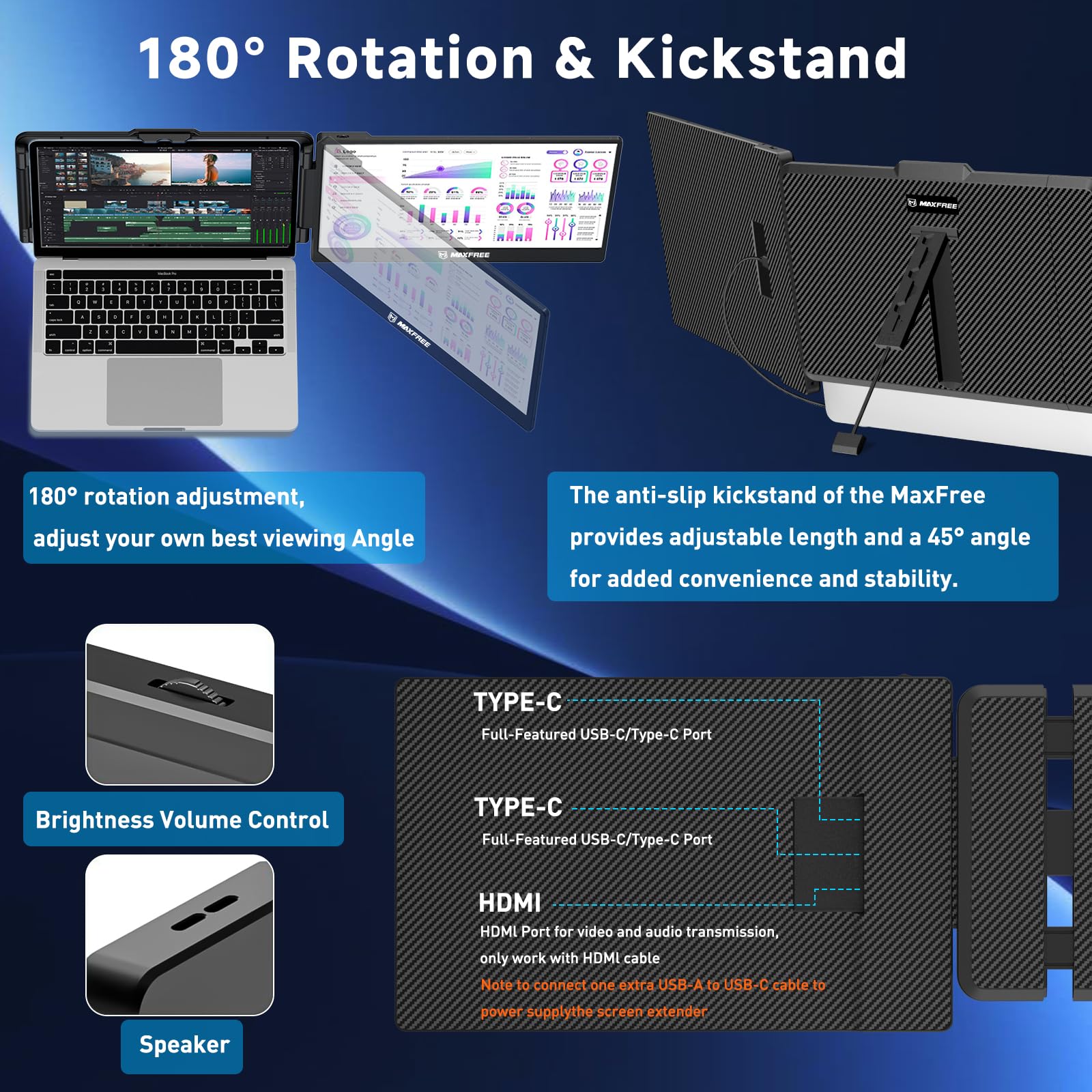 Maxfree S1 Laptop Screen Extender - 14'' Laptop Monitor Extender Dual Screen Plug & Play, 1080P FHD Portable Monitor for 13-17'' Laptops, Compatible with macOS/Windows/Dex/Android/Switch/PS5