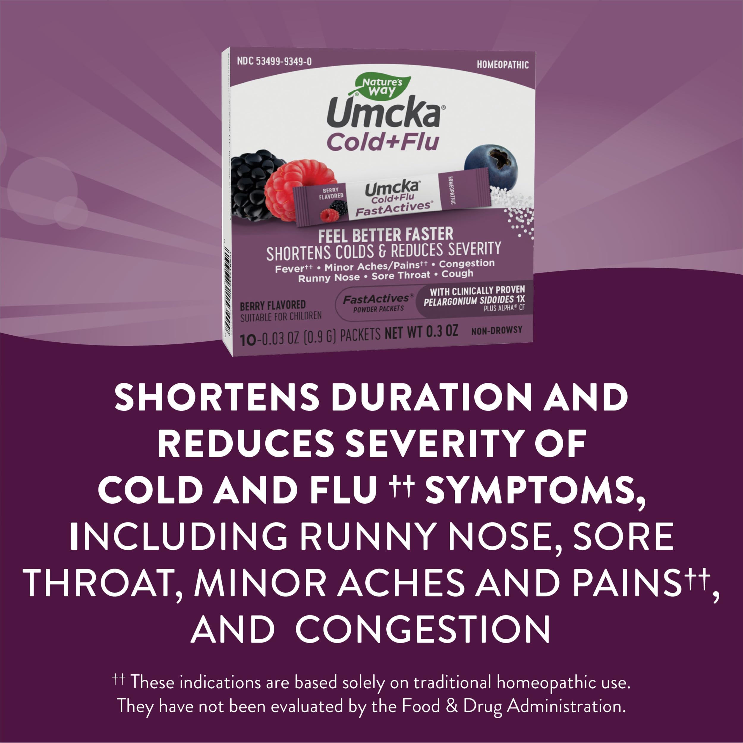 Nature's Way Cold + Flu Relief FastActives, Umcka, Homeopathic, Fever, Sore Throat, Cough, Congestion, Body Aches, Phenylephrine Free, Non-Drowsy, Berry Flavored, 10 Packets (Packaging May Vary)