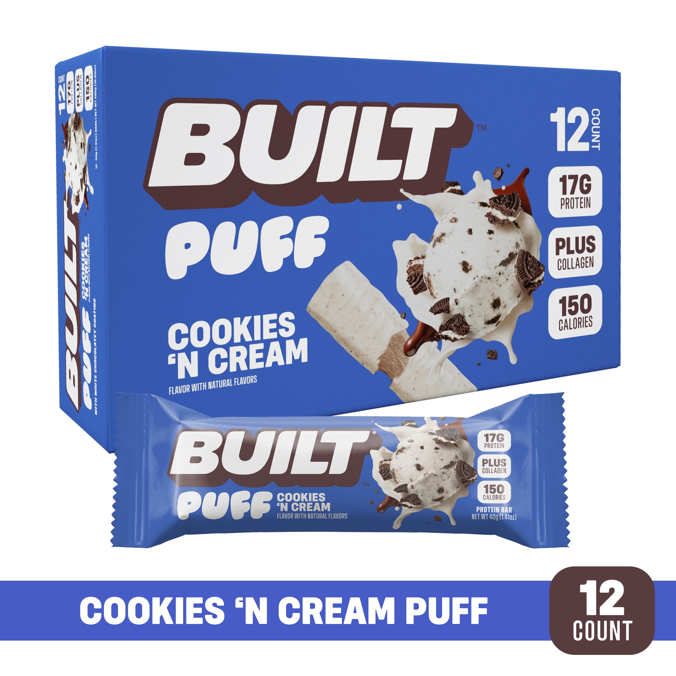 BUILT Puffs Protein Bars, Cookies 'N Cream Puff, High Protein Bars, 17g High Protein Snacks, On-The-Go Bars, only 140 Calories, 7g Sugar, Collagen, Not Gluten Free, 12 Count