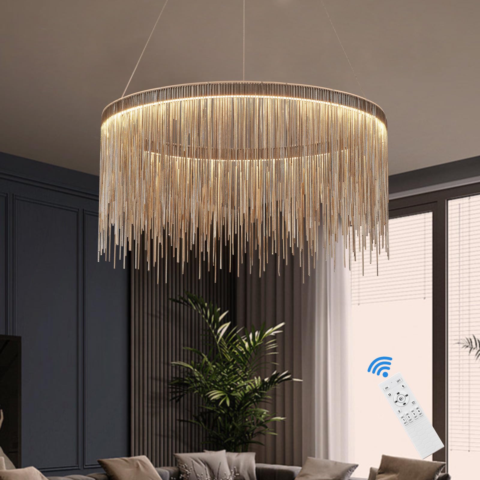 TACDANDM Modern Round Aluminum Tassel Chandelier, LED Dimmable Pendant Light Fixture for Dining Room, High Ceiling Chandelier for Foyer,Enterway