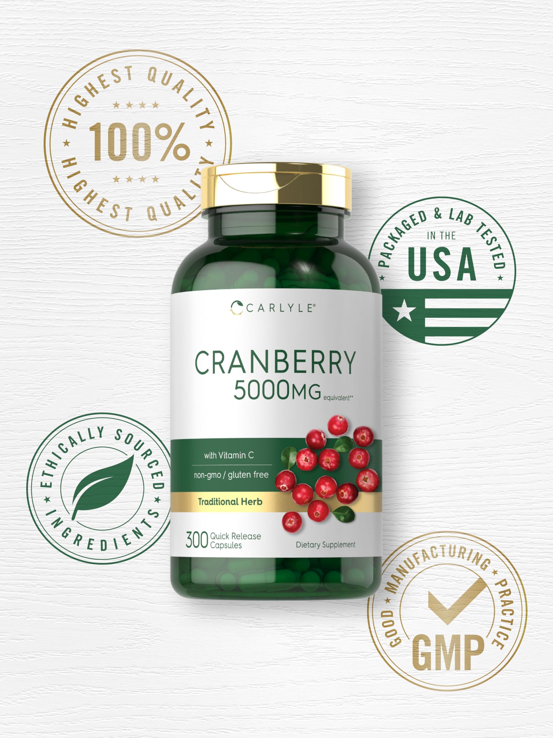 Carlyle Cranberry Pills 5000mg | 300 Capsules | with Vitamin C | Non-GMO, Gluten Free