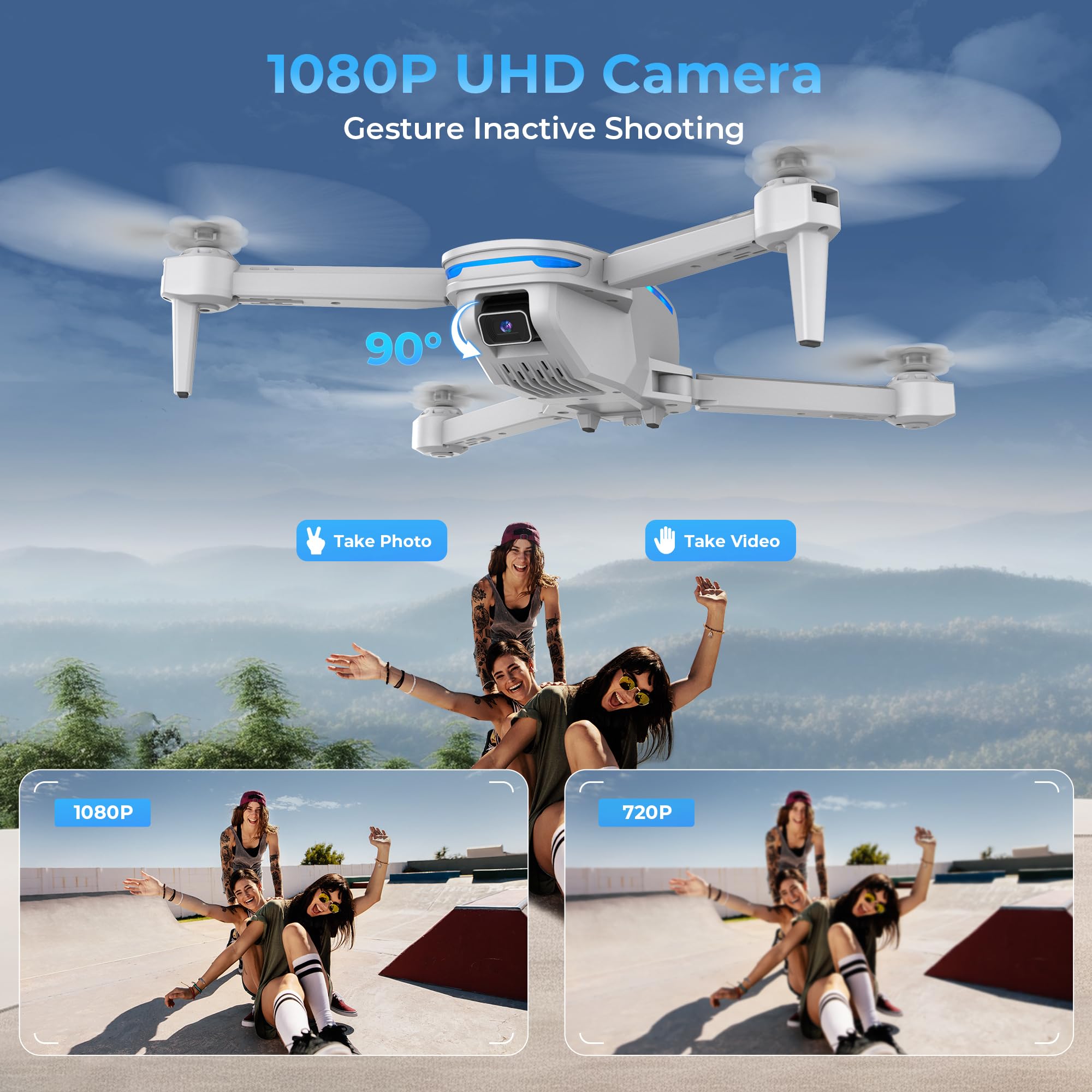 Drone with 1080P UHD Camera for Adults Beginners, Ficinto FPV RC Quadcopter with 3D Flip, Gravity Sensor, Gesture Control, Altitude Hold, One Key Start, Headless Mode, Auto Hover, 2 Batteries(30Mins)