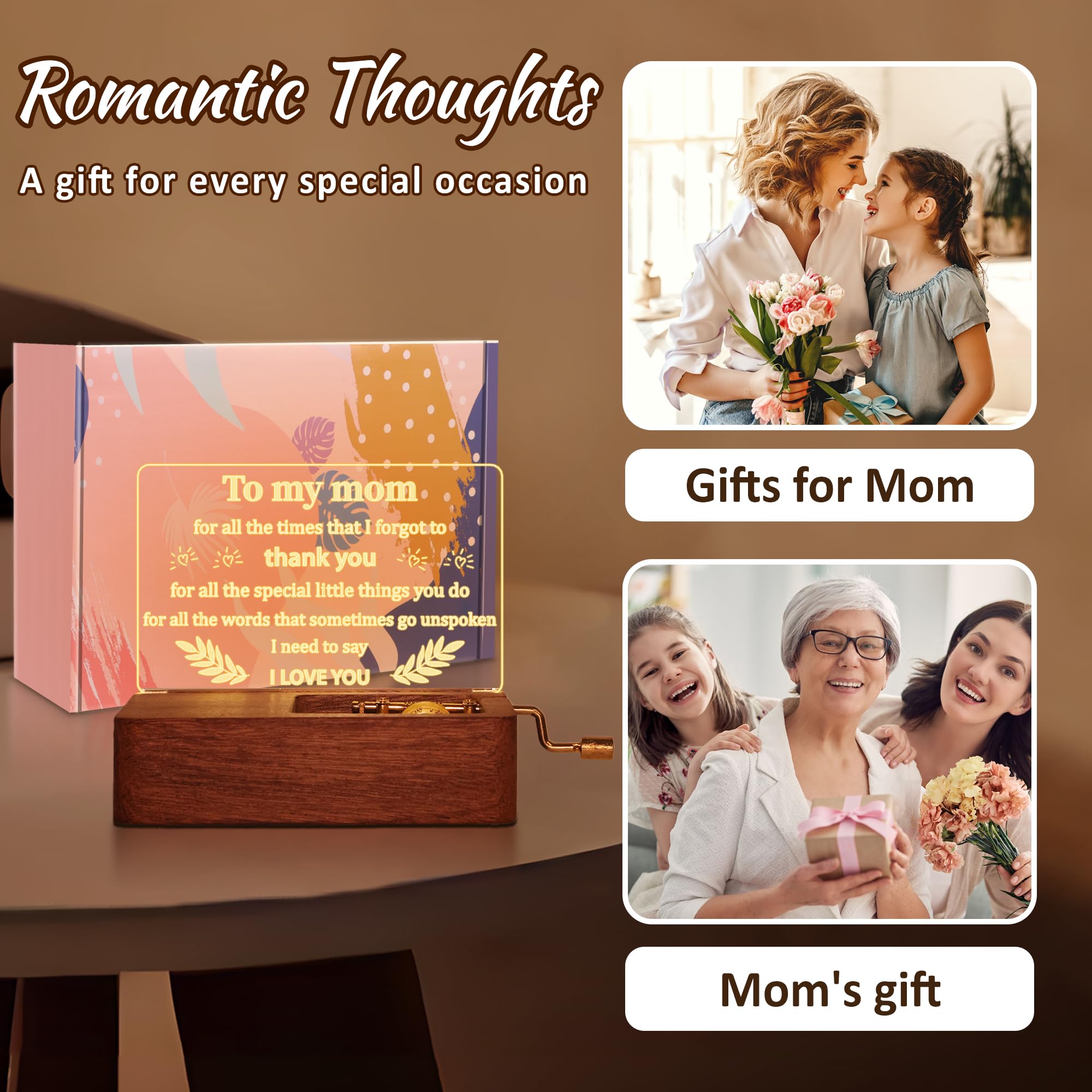 OkiyiD Gifts for Mom, Mom Birthday Gifts from Daughter Son, You are My Sunshine Music Box Hand Crank Engraved - Lighting Musical Box Idea