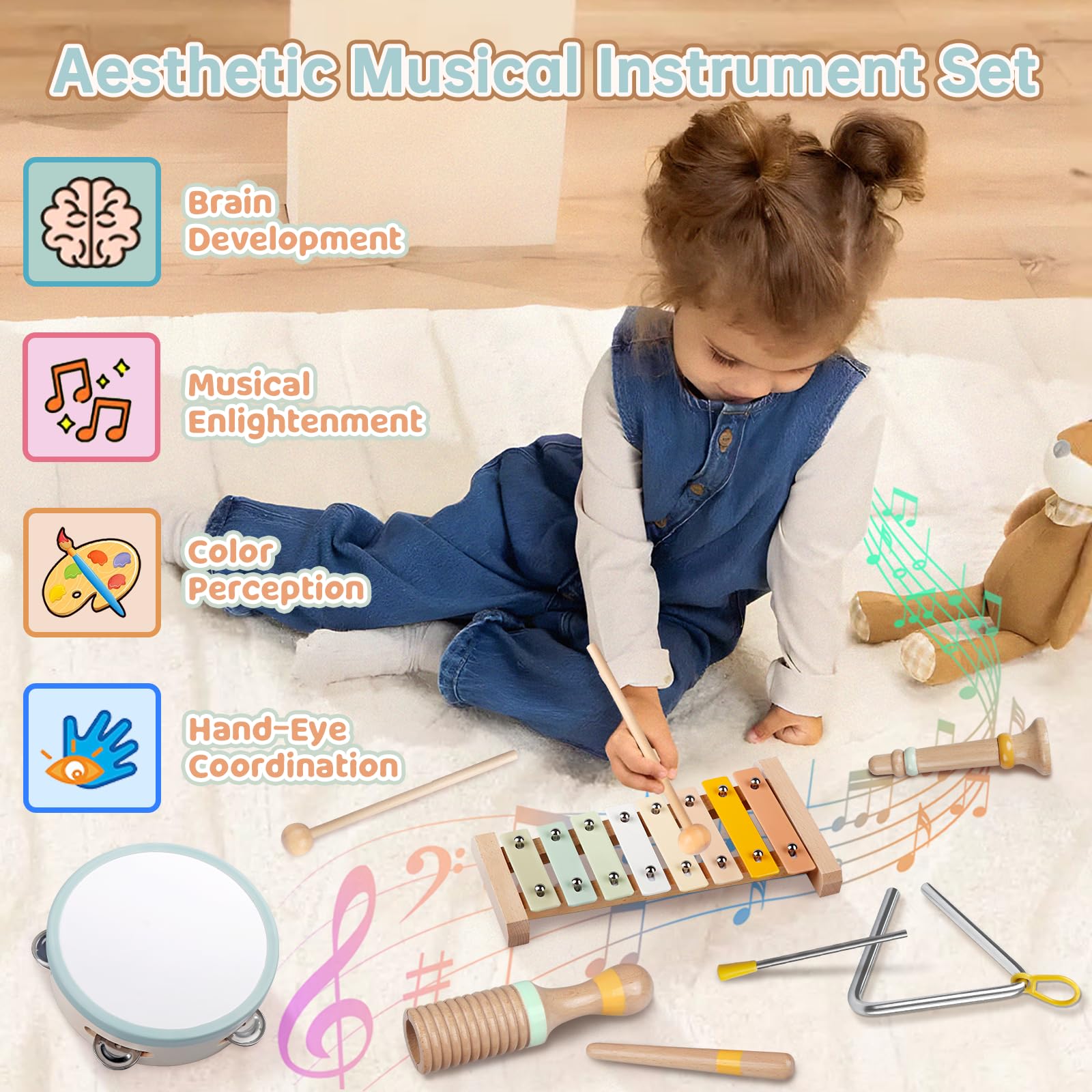 Baby Musical Instruments - Montessori Musical Toys for Toddlers 1-3, Neutral Colors Wooden Percussion Instruments Set, Modern Boho Xylophone Tambourine, Kids Preschool Educational Birthday Gifts