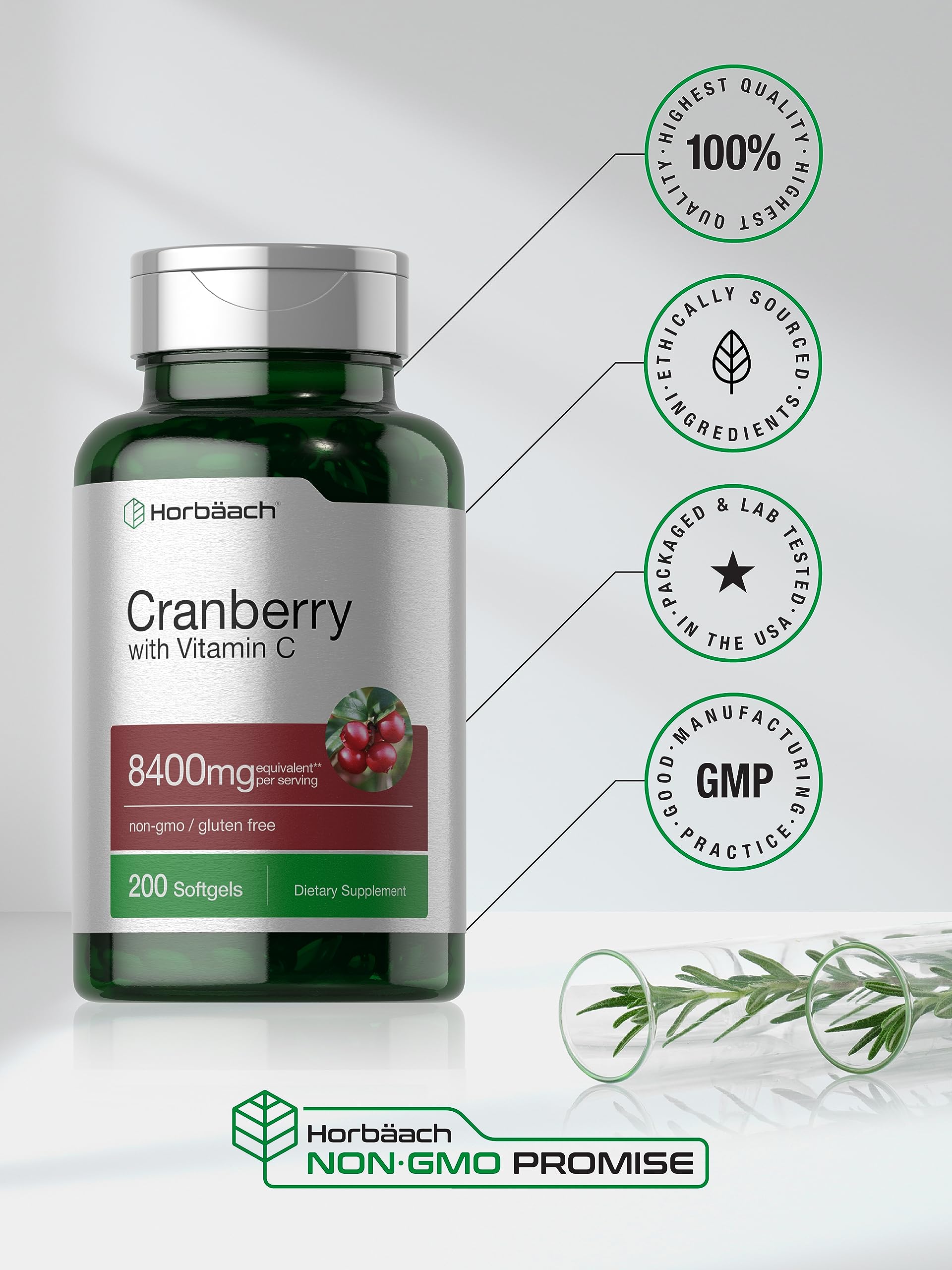 Horbäach Cranberry Pills with Vitamin C | 8400mg | 200 Softgels | Concentrate Extract Supplement | Non-GMO, Gluten Free