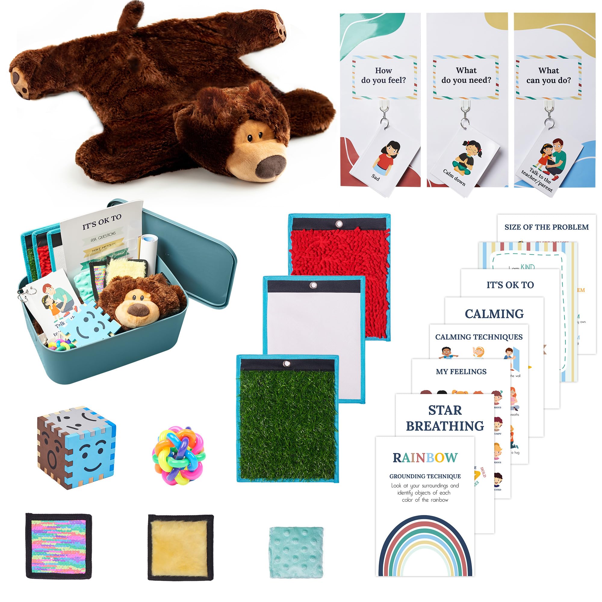 Calm Down Corner | Classroom and Special Education Must Haves | Boho Calming Corner Items for Kids | Calming Corner Kit with Sensory Mats, Posters, Solutions Wall, Sensory Toys