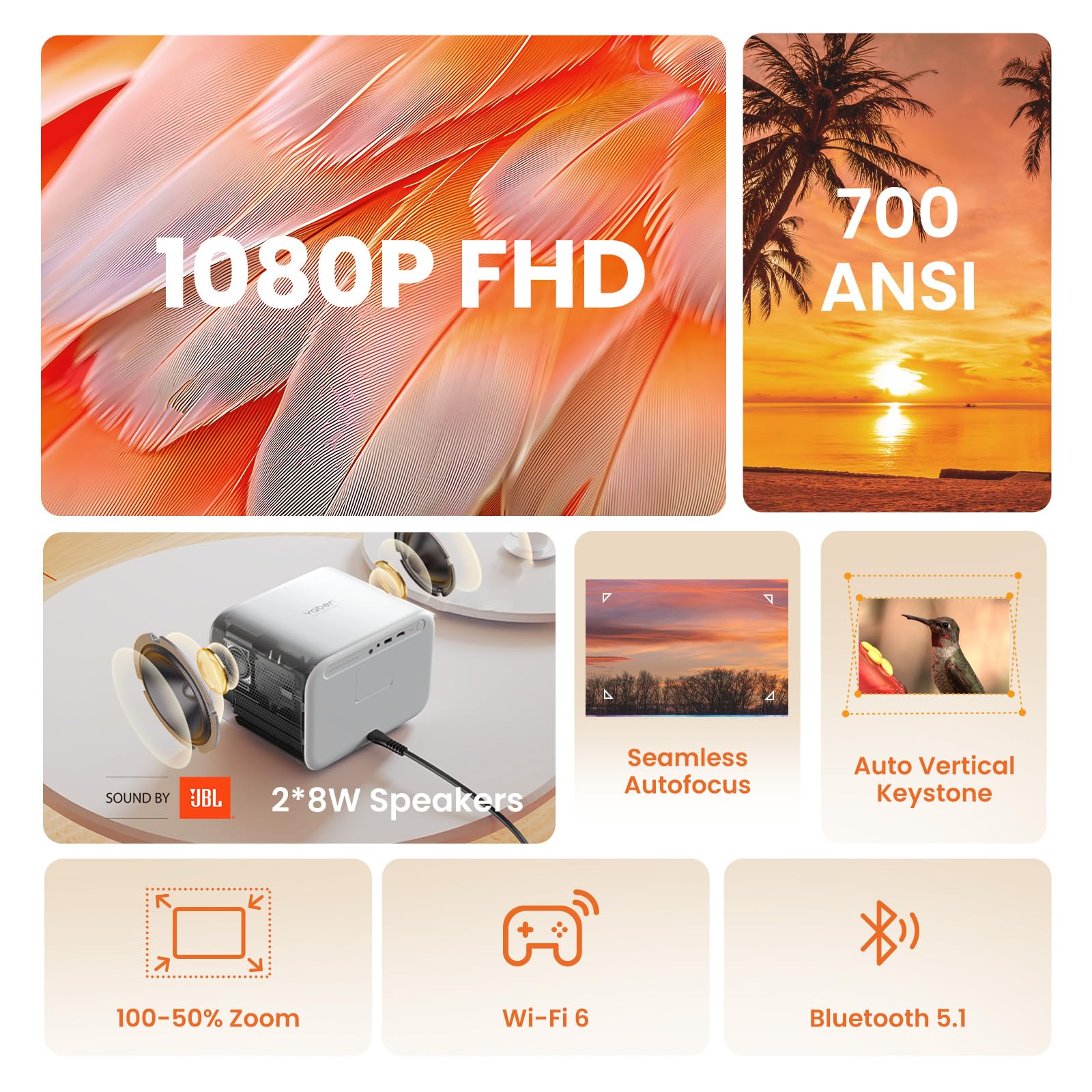 [Sound by JBL & 700ANSI] Yaber 1080P Projector with WiFi 6 and Bluetooth, [Seamless Autofocus] Portable Outdoor Movie Projector, Home Theater Projector for iPhone/TV Stick/HDMI/USB/Laptop/PS5-White