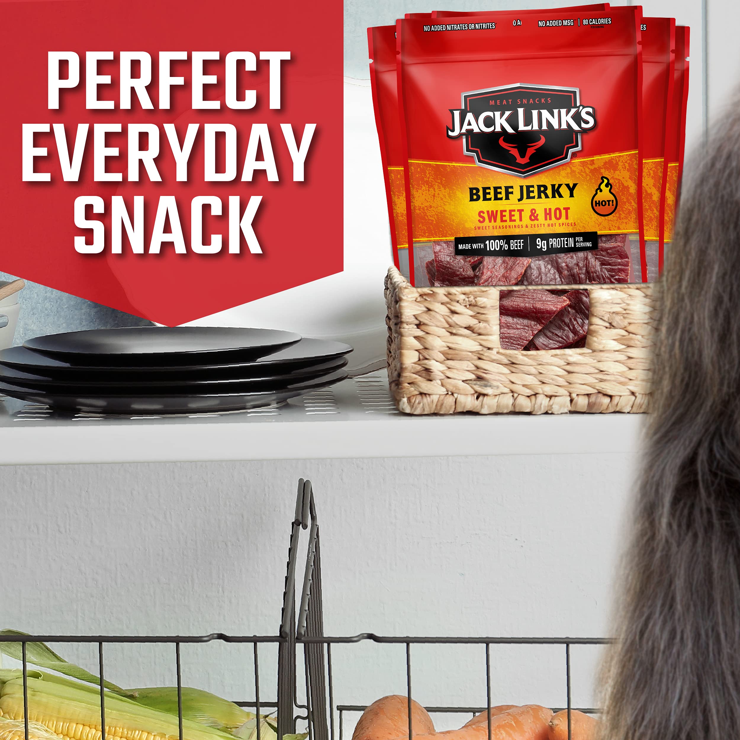 Jack Link's Beef Jerky, Sweet & Hot – Spicy Everyday Snack, 9g of Protein and 80 Calories, Made with 100% Beef – 96% Fat Free, No Added MSG** – 9 Oz. (Pack of 2)