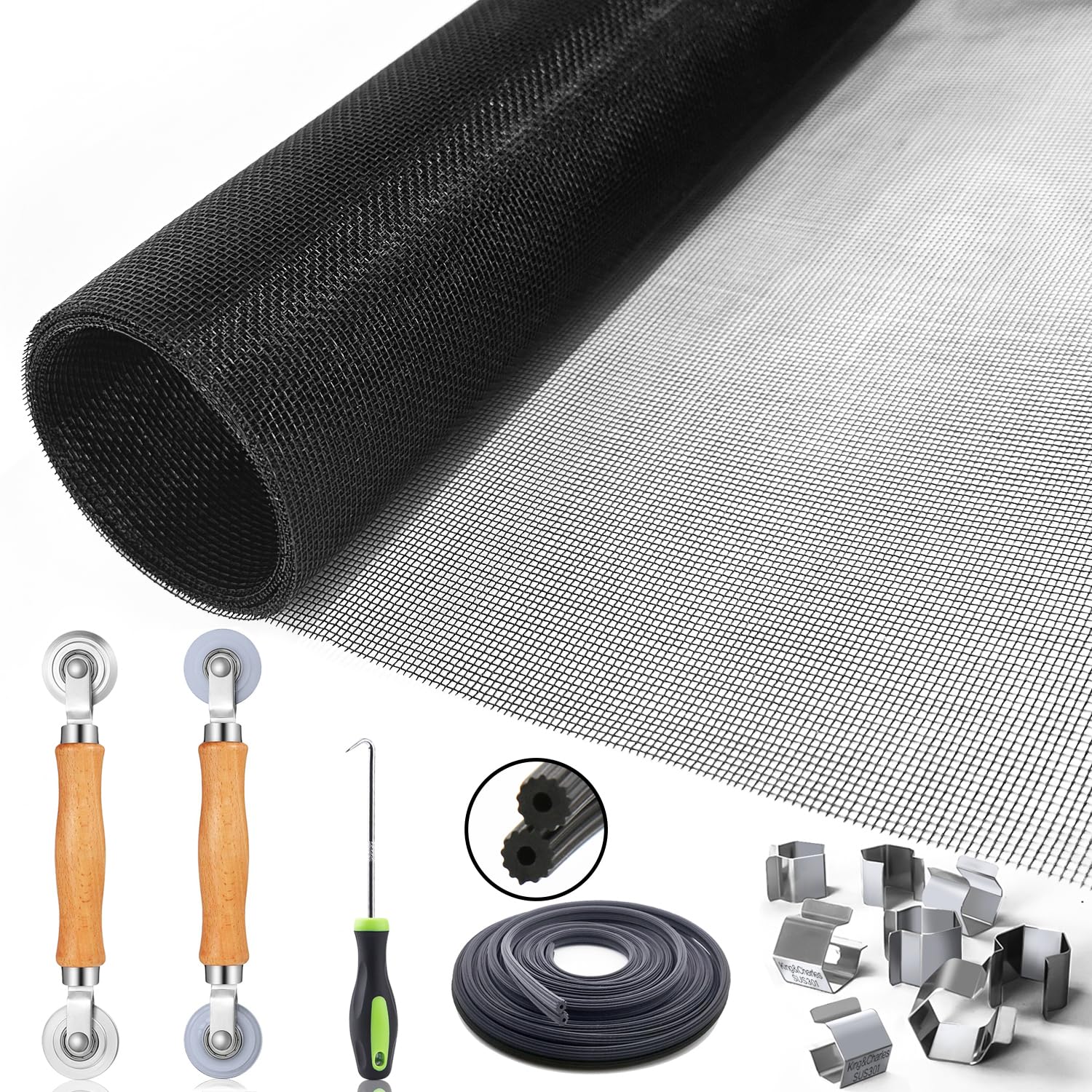 Window Screen Door Repair Kit, King&Charles Include Window Screens 48"x118"+ 2 Roller+50Ft Spline+8Clips+Hook, 6 in 1 Window Screen Replacement, Black Window Screen Mesh, Steel/Nylon Bearing Roller