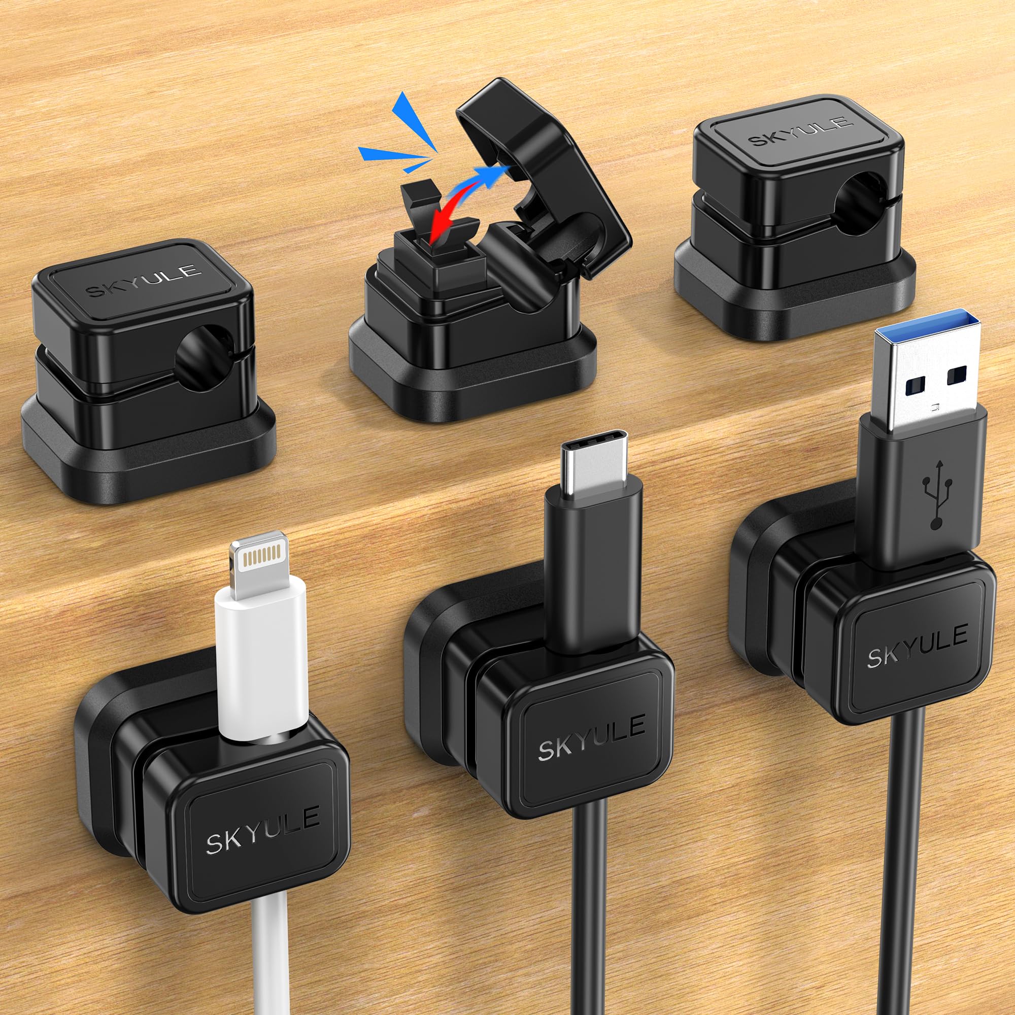 6 Pack Cord Organizers, Y-Shape Locking Switch Cable Holders, SKYULE Desk Cable Management Clips, Adhesive Wire Holder Organizer for Office, Car, Kitchen and Workspace (Black)