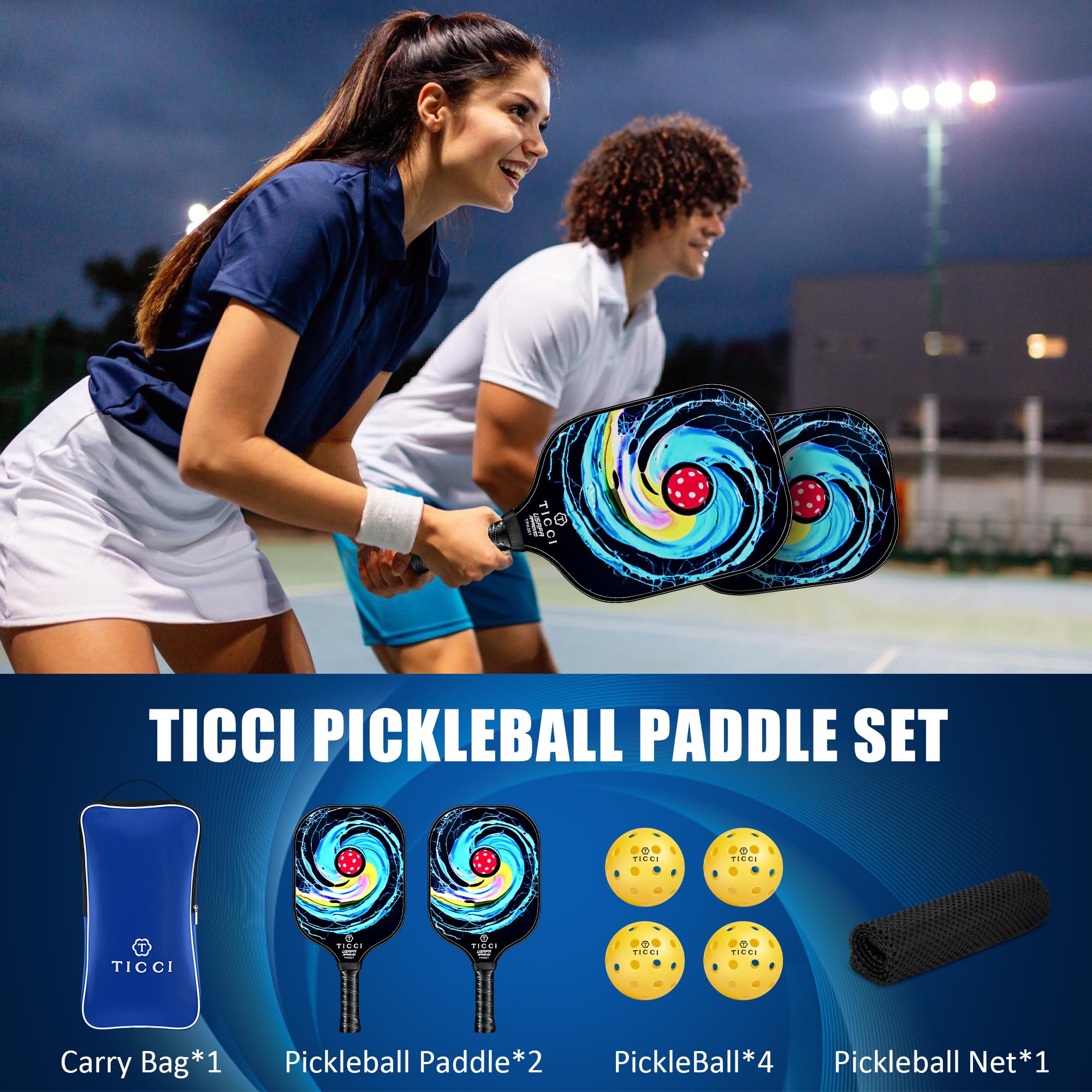 TICCI Pickleball Paddles, USAPA Approved Pickleball Paddles Set of 2, Lightweight Fiberglass Surface Pickleball Set, 4 Pickleballs, 1 Carry Bag & Mesh Bag, Pickle Ball Paddle Gifts for Men Women