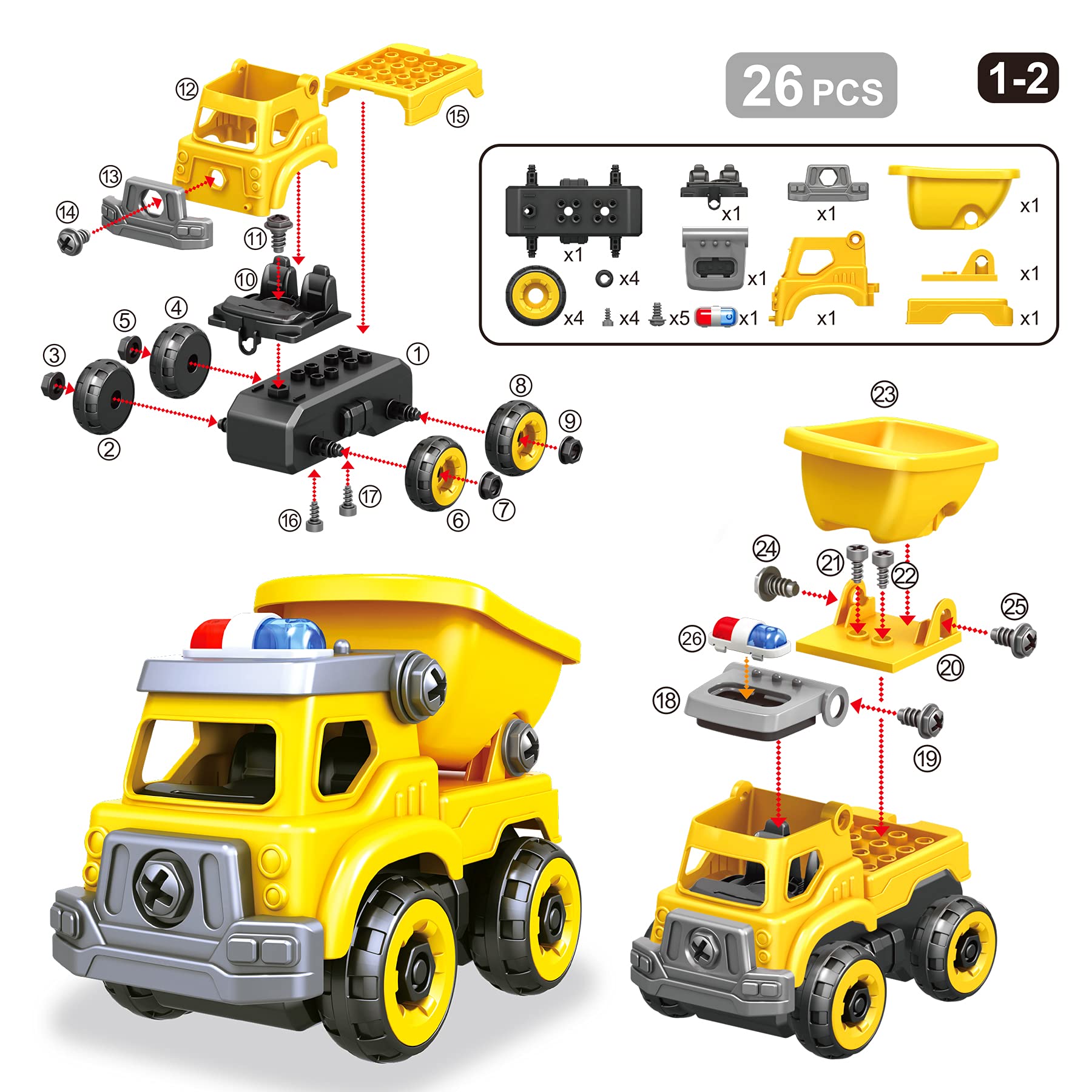 4-in-1 Take Apart Car Toys for Boys, DIY Engineering Construction Truck Toy Vehicle - Dump Truck, Cement Mixer, Excavator, Crane, Kids Building Educational Toy Gift for Age 3 4 5 6 7 8 Year Old Girls