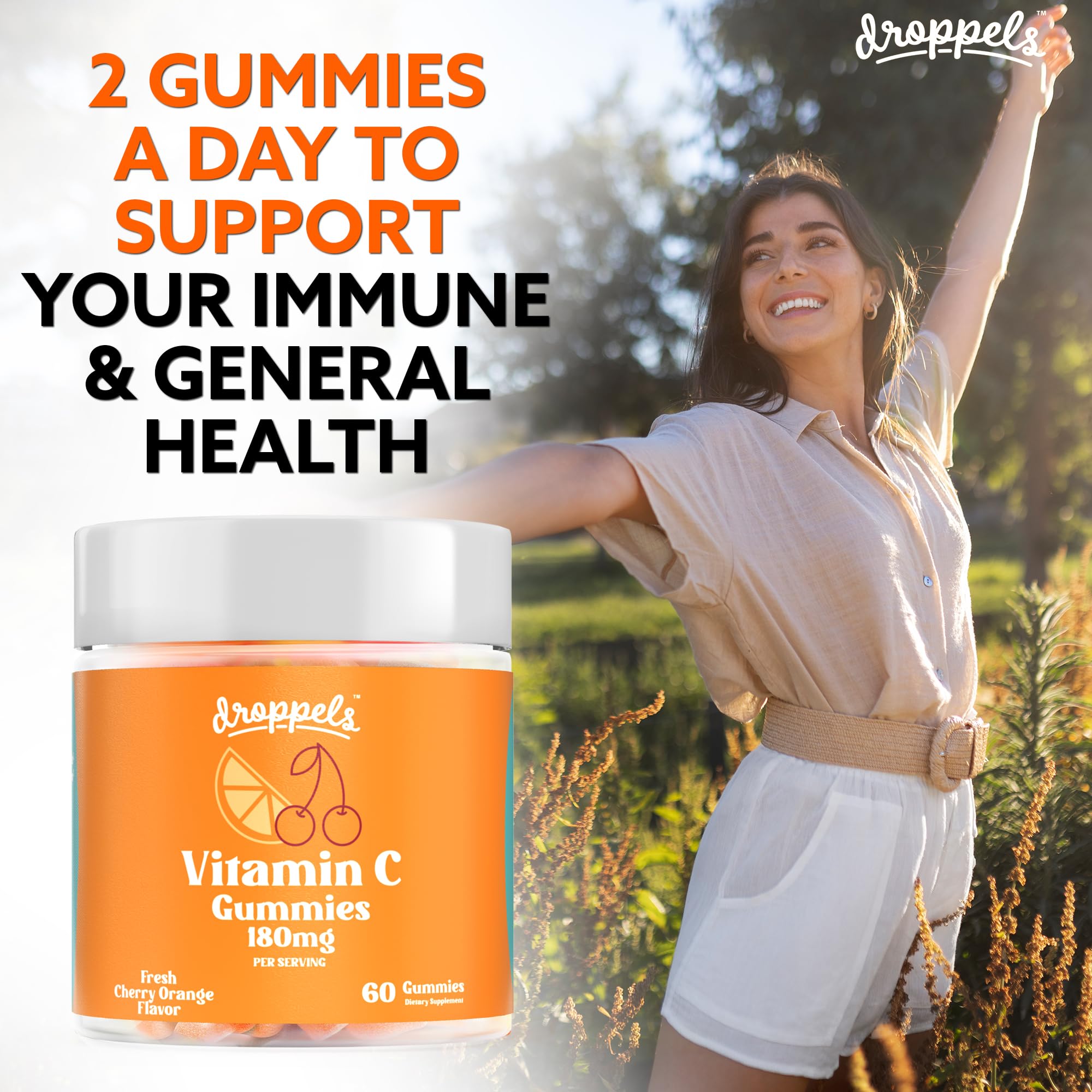 Droppels Vitamin C Gummies, 180mg – Vegan, Pectin Plant-Based Immune Support Booster Supplement – Cherry Orange Flavor, 60 Count (1-Month Supply)