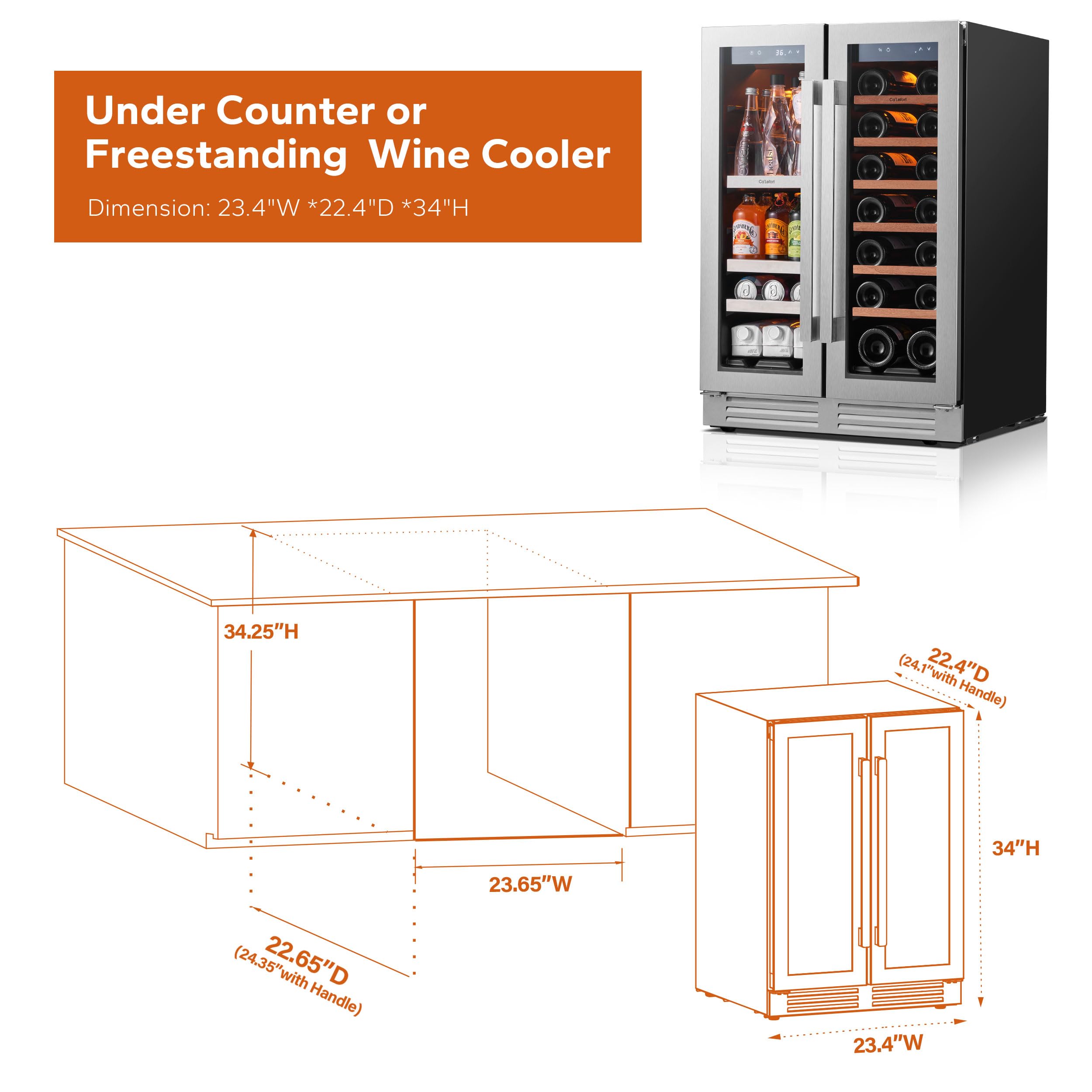 Ca'Lefort 24 Inch Wine and Beverage Refrigerator, 60 Can and 20 Bottle Wine Cooler Refrigerator 36-72°F, 3 LED Dual Zone Wine Fridge Glass Door, Built-in or Freestanding for Home/Kitchen (4.10 cu.ft)