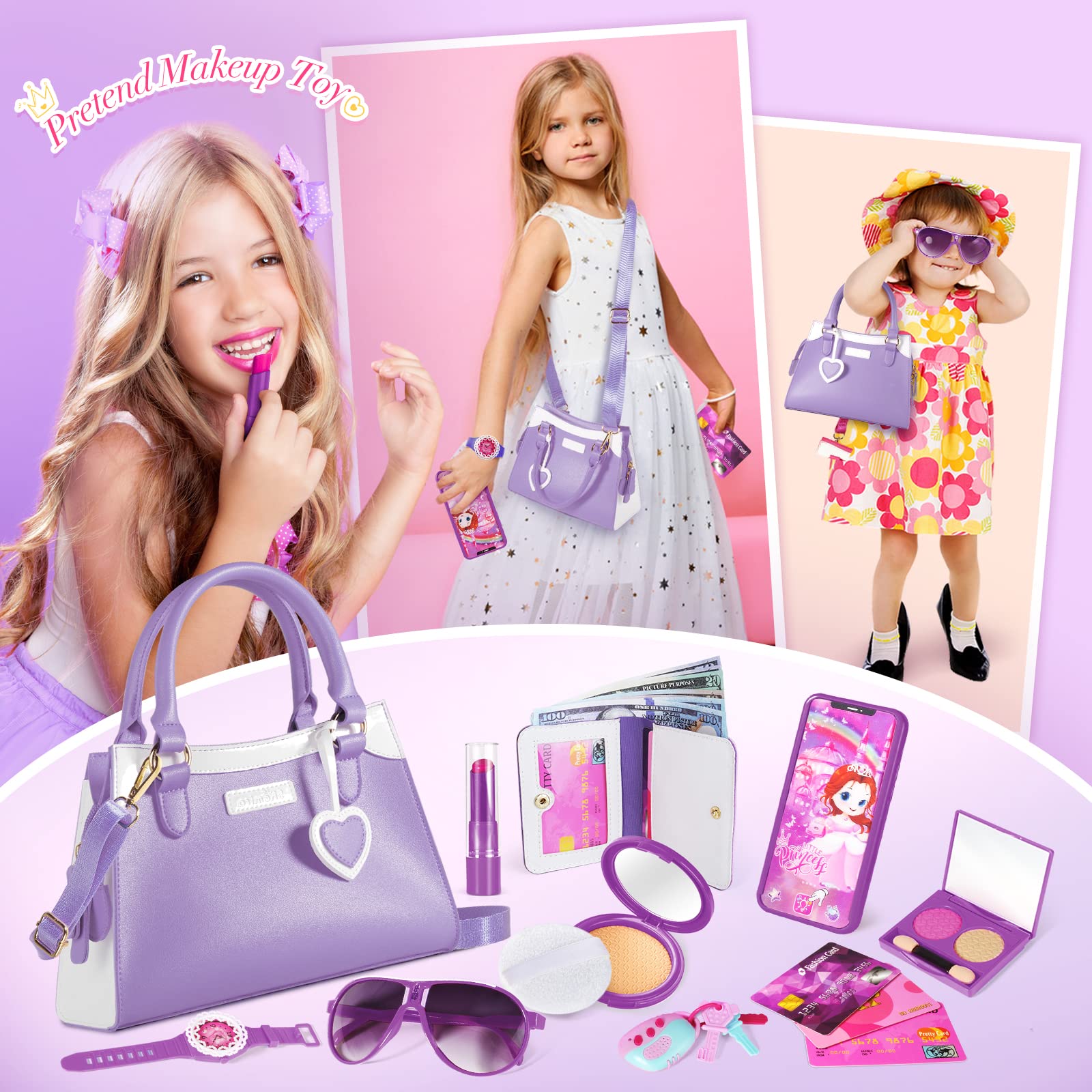 Shemira Play Purse for Little Girls, Princess Pretend Play Girl Toys for 3 4 5 6 7 8 Years Old, Birthday Gift for Girls Age 3-5 4-6 6-8, Toddler Purse with Accessories, Kids Toy Purse,Purple