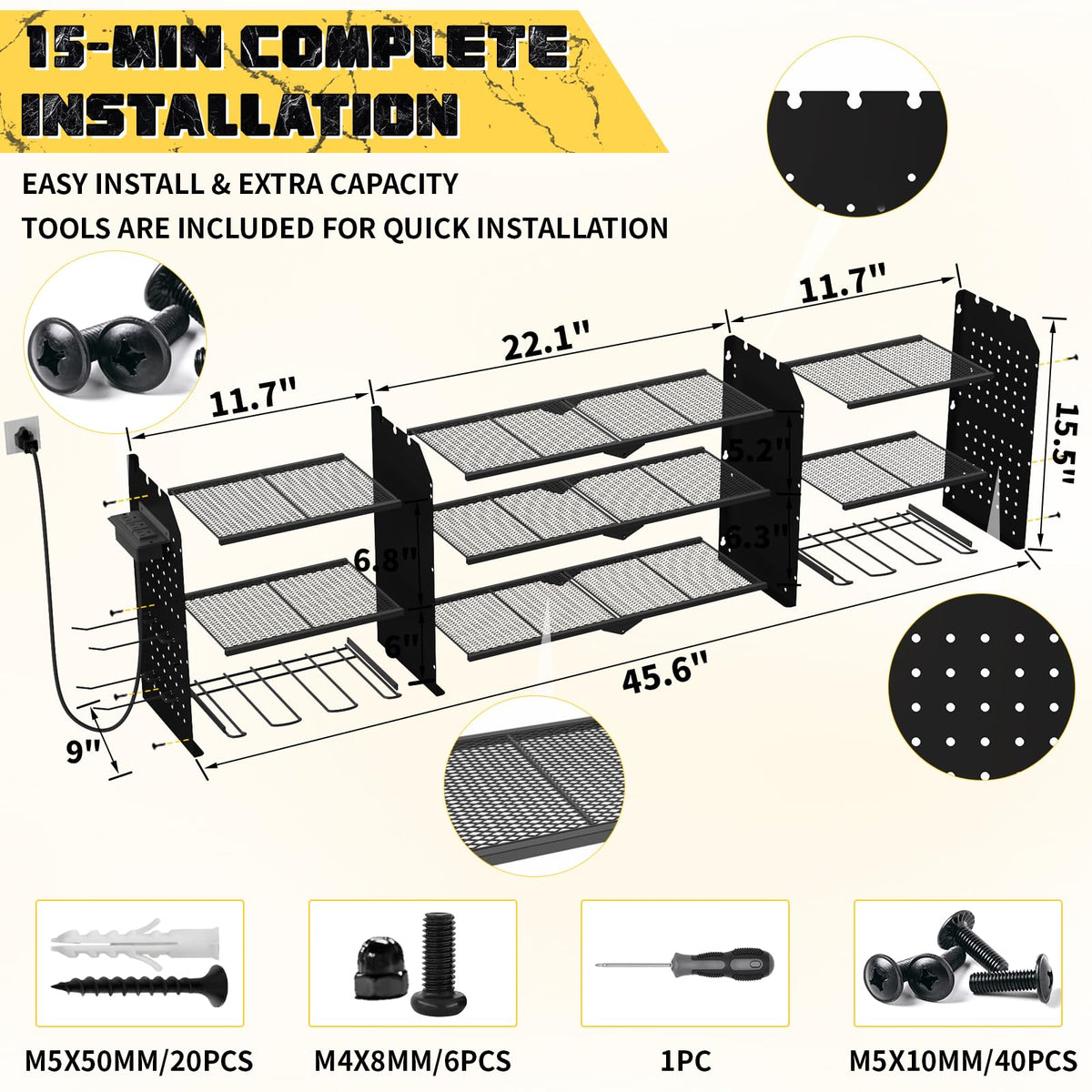 Power Tool Organizer with Charging Station,45.6Inch Upgrade Power Tool Holder Storage Rack,6 Drill Holders ,Heavy Duty Garage Tool Organizer Wall Mount with Screwdriver/6.5FT Power Strip (Black)