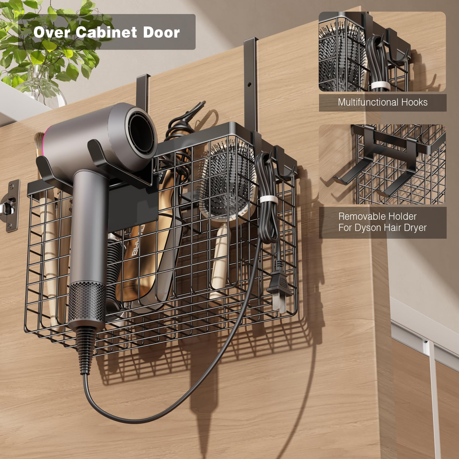 Voldra Hair Dryer Holder Cabinet Door, Adhesive Hair Tool Organizer Wall Mount Adjustable Height Blow Dryer Holder Under Sink/Countertop for Flat Curling Iron, Hair Brush and Straightener (1, Black)