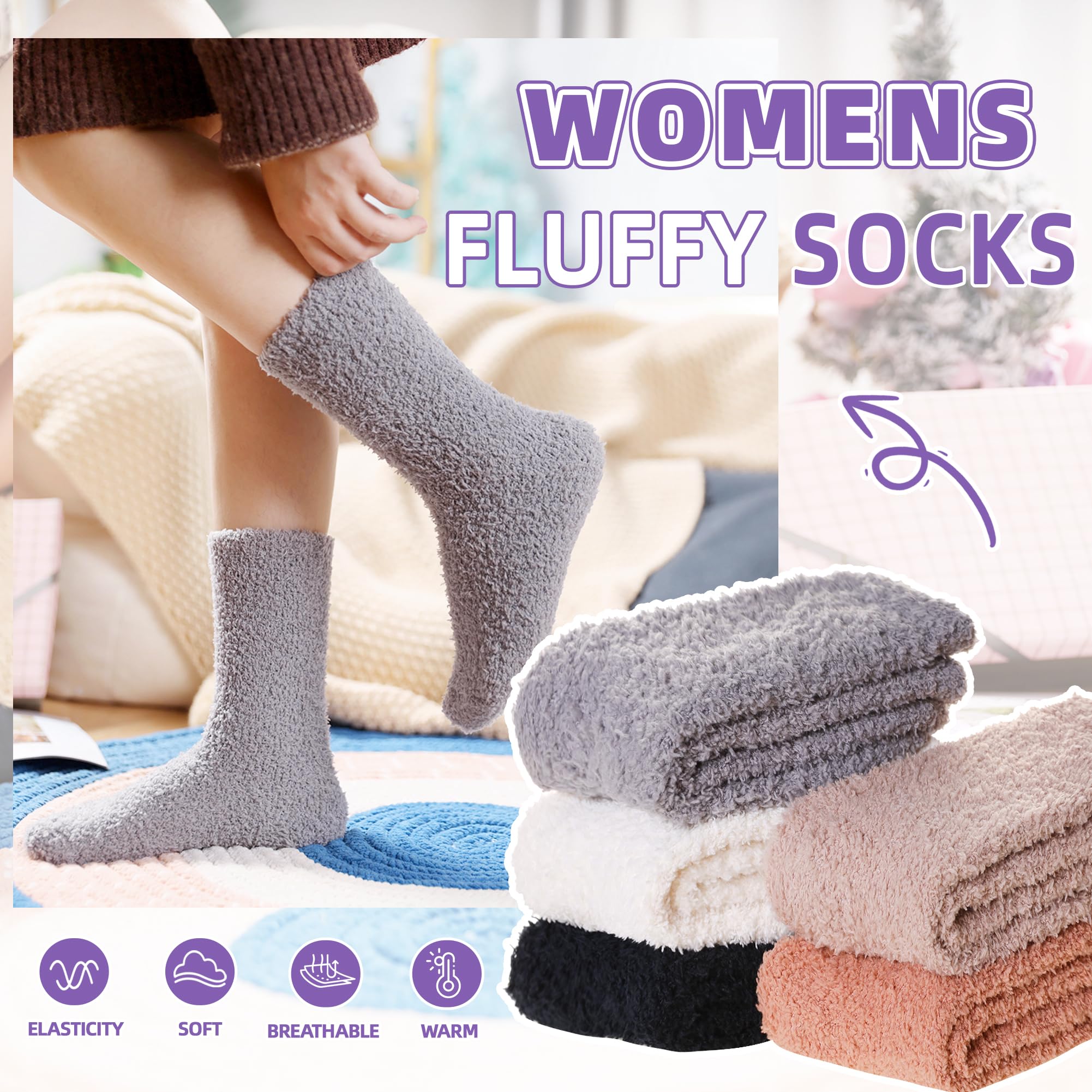 AMENLAN Women Fuzzy Slipper Socks Winter Microfiber Soft Cozy Plush Fluffy Socks Warm Comfy Thermal Home Sleeping Socks (Black/White/Grey/Khaki/Brown)