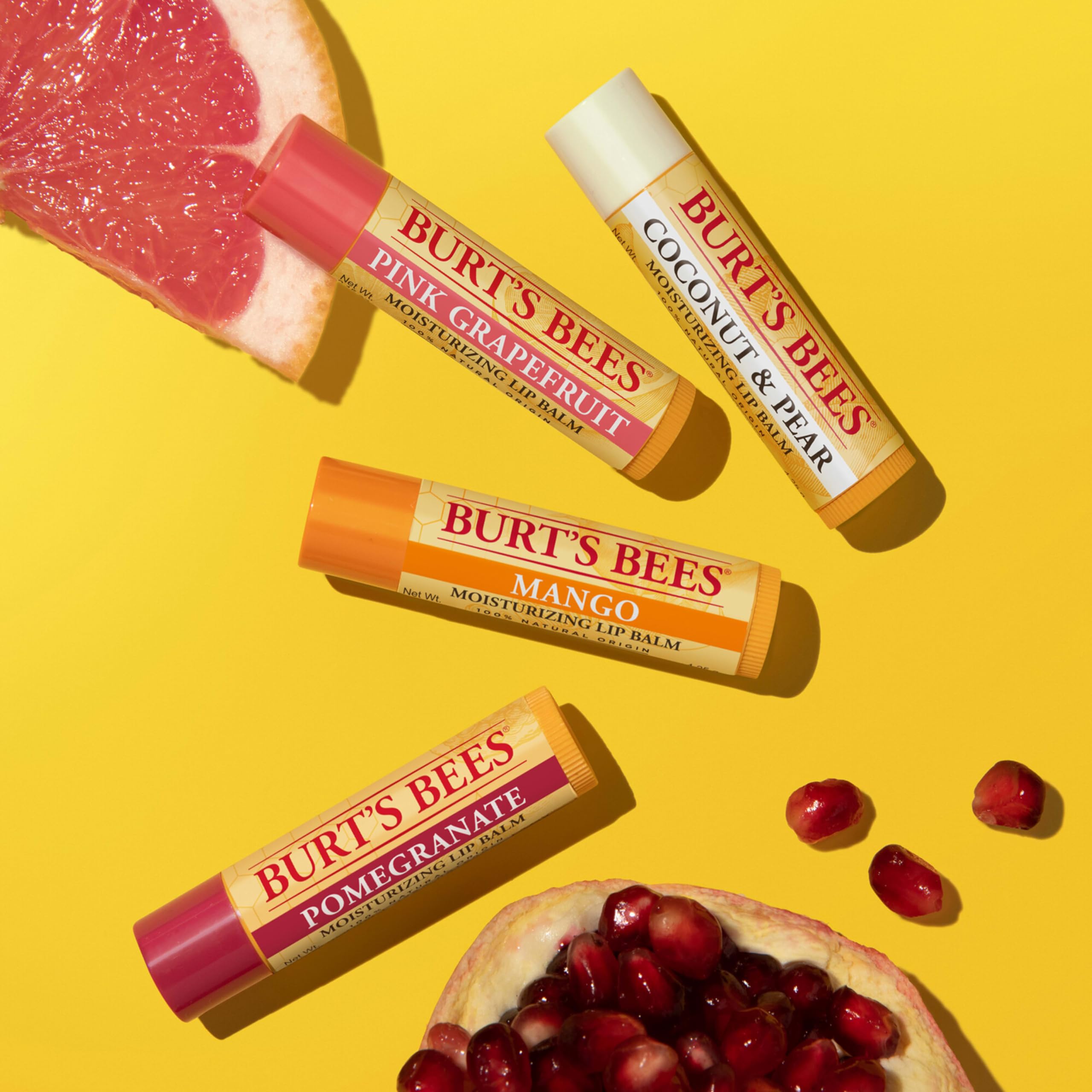 Burt's Bees Lip Balm Stocking Stuffers, Moisturizing Lip Care Christmas Gifts, SuperFruit - Pomegranate, Coconut & Pear, Mango, Pink Grapefruit, Natural Origin Treatment (4-Pack)