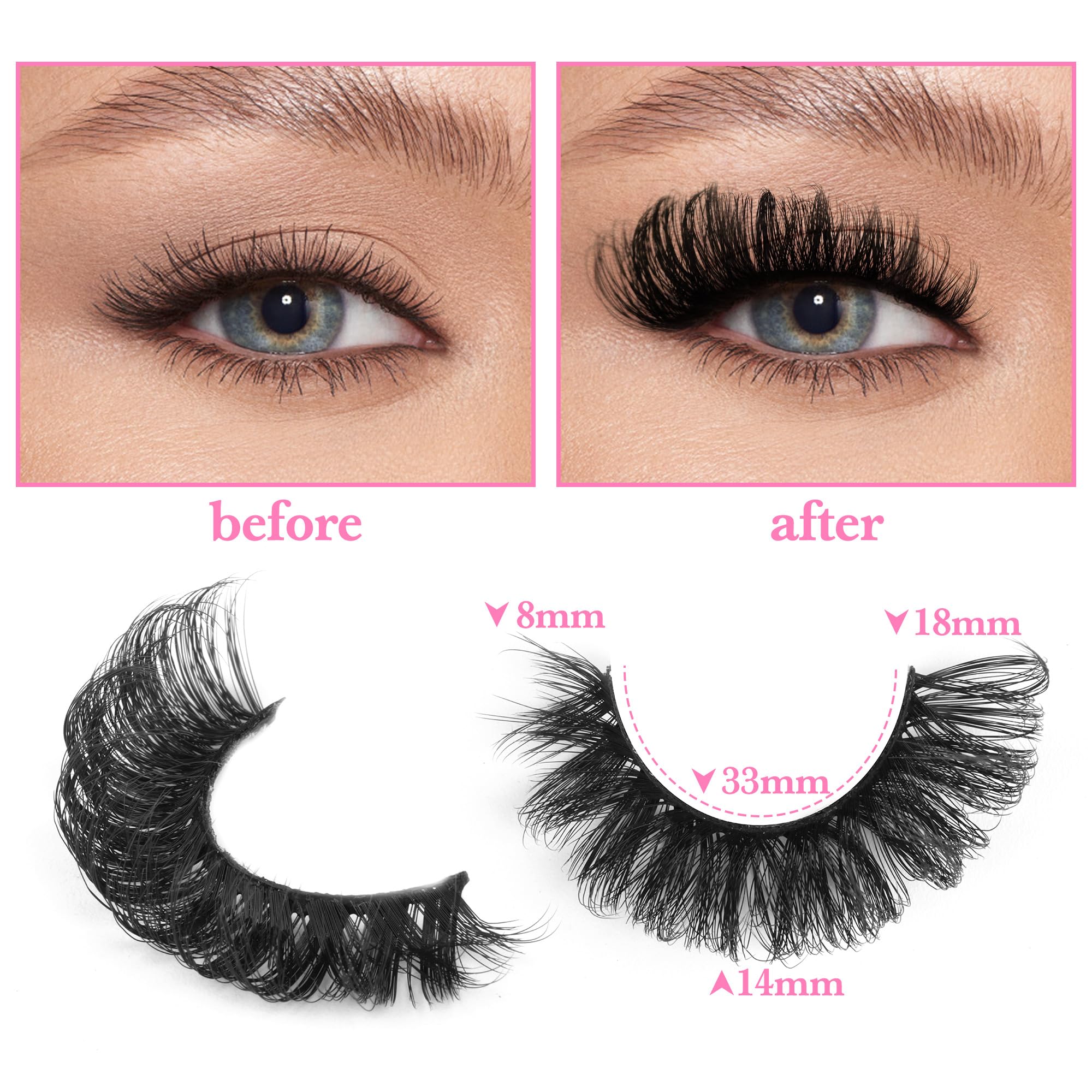 False Eyelashes Fluffy Russian Strip Lashes D Curl Fake Eyelashes Extension Wispy Cat Eye Lashes Handmade Soft Reusable 14 Pairs Lashes Pack