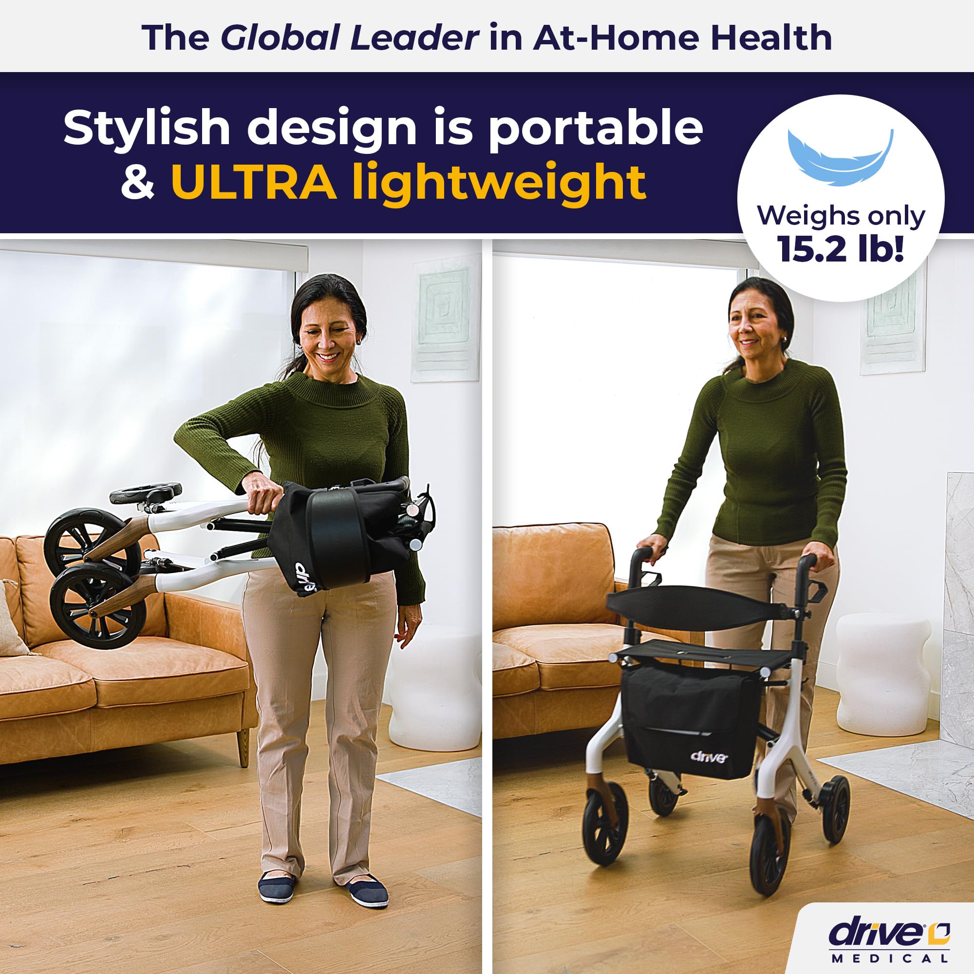 Drive Medical AeroWalk Ultra-Lite Rollator with Seat, Lightweight Adult Walkers with 4 Wheels, Folding Rolling Walker for Women, Men and Seniors, 15.2 Pounds, 23 Inch Seat Height, White