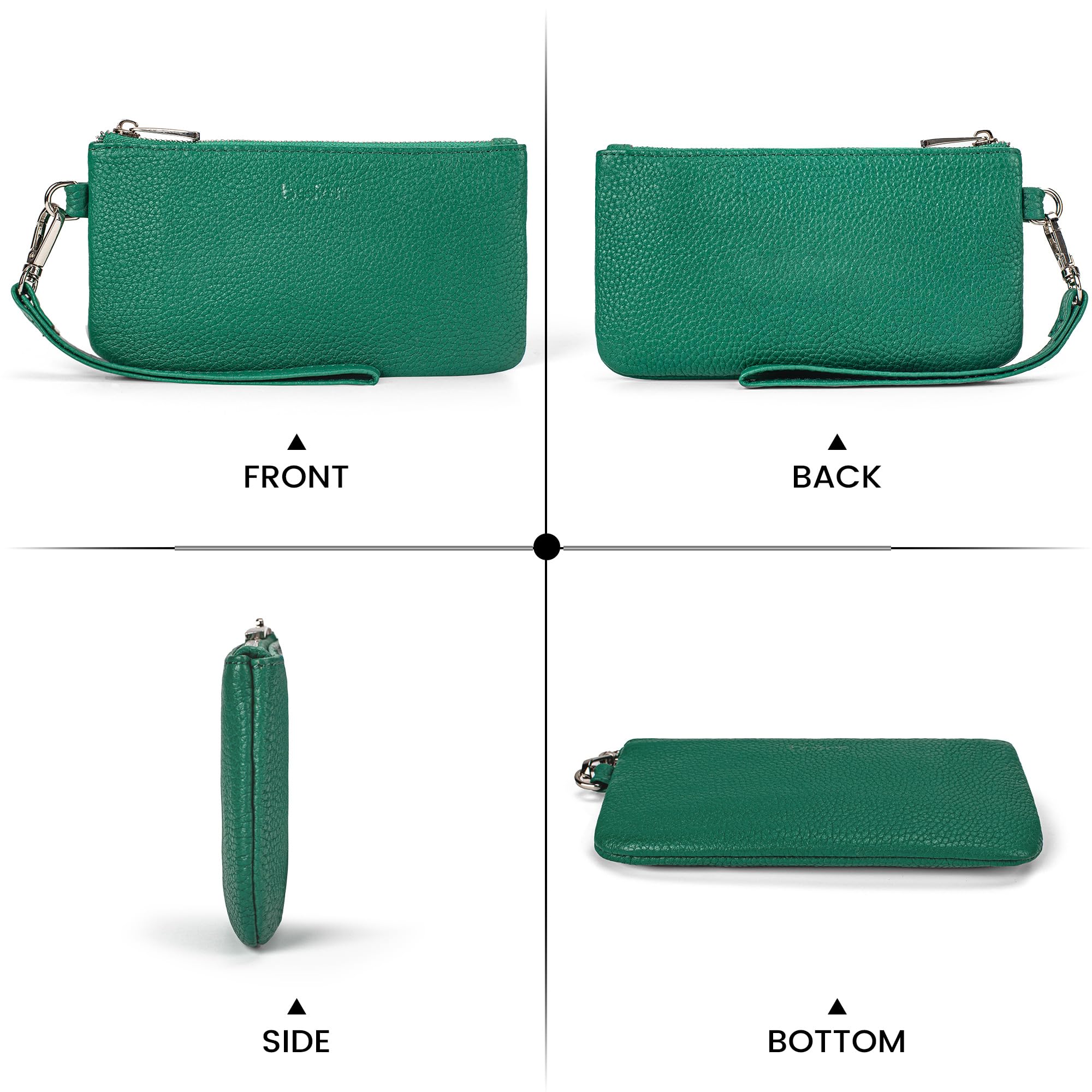 befen Genuine Leather Coin Purse for Women, Small Black Change Purse Womens Small Zipper Wristlet Wallet, Wristlet Money Bag Mini Coin Pouch with Removable Wrist Strap, Green