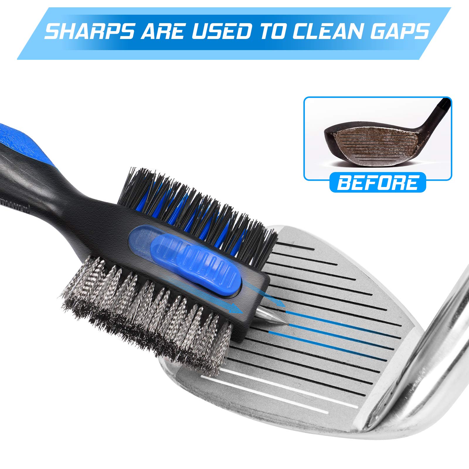 prowithlin Golf Club Brush and Golf Club Groove Cleaner 2 in 1, 2ft Retractable Zip-line Metal Buckle and Retractable Sharp Pick Oversized Brush Head Wire Bristles (Black and Blue Upgraded)