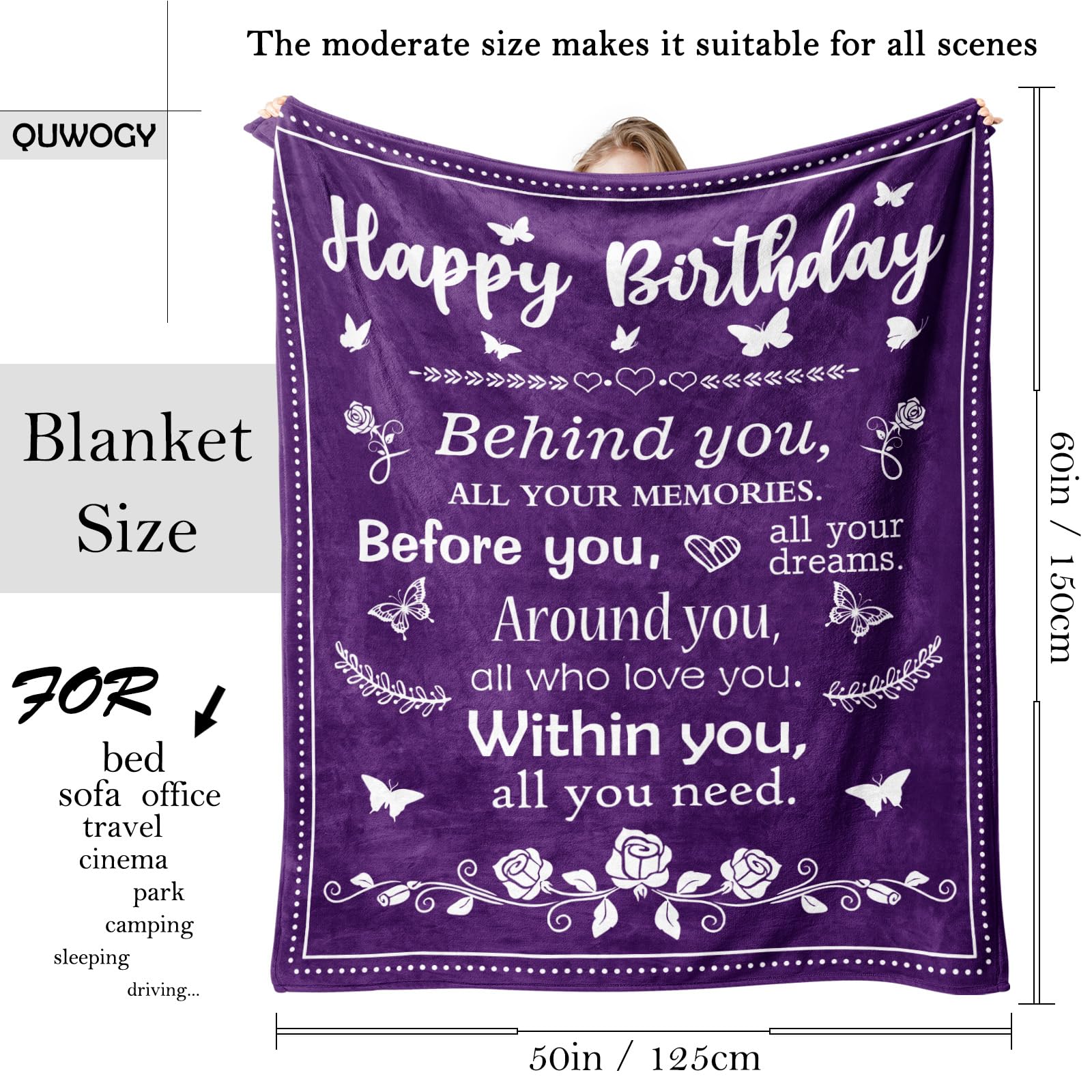 QUWOGY Birthday Gifts for Women/Men/Her/Him Friendship Blanket Purple 60"x50", Happy Birthday Decorations Women/Men Throw Blanket, Bday Gifts for Women Unique, Best Birthday Gift Ideas