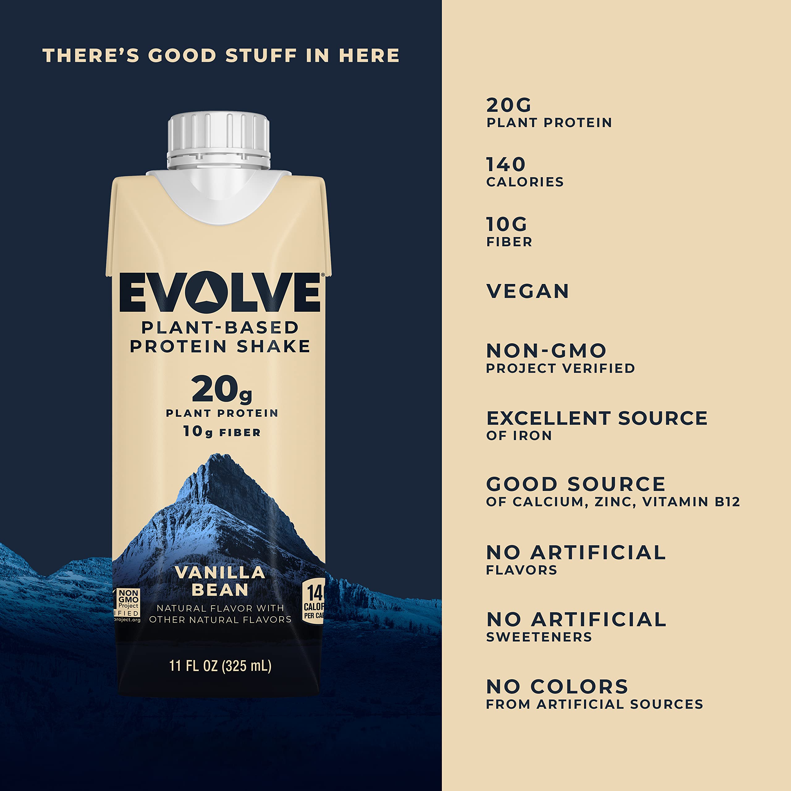 Evolve Plant Based Protein Shake, Vanilla Bean, 20g Vegan Protein, Dairy Free, No Artificial Sweeteners, Non-GMO, 10g Fiber, 11 Fl Oz (Pack of 12) (Formula May Vary)