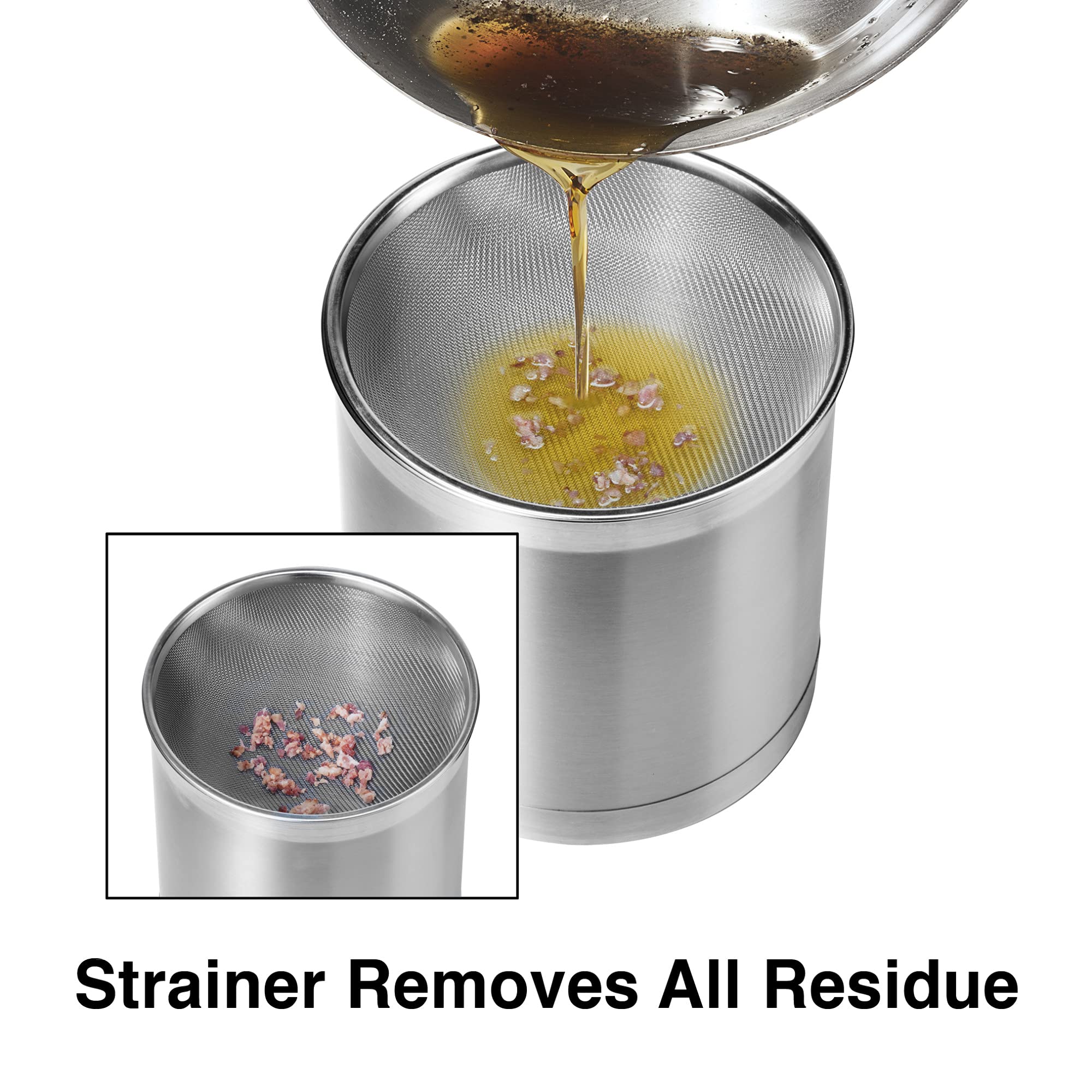 Oggi Stainless Steel Jumbo Grease Container with Removable Strainer and Snug Lid. Perfect container for fryer oil, bacon drippings, lard and ghee oil. Large capacity can - 1 Gall / 4 Qt / 3.75 Lt