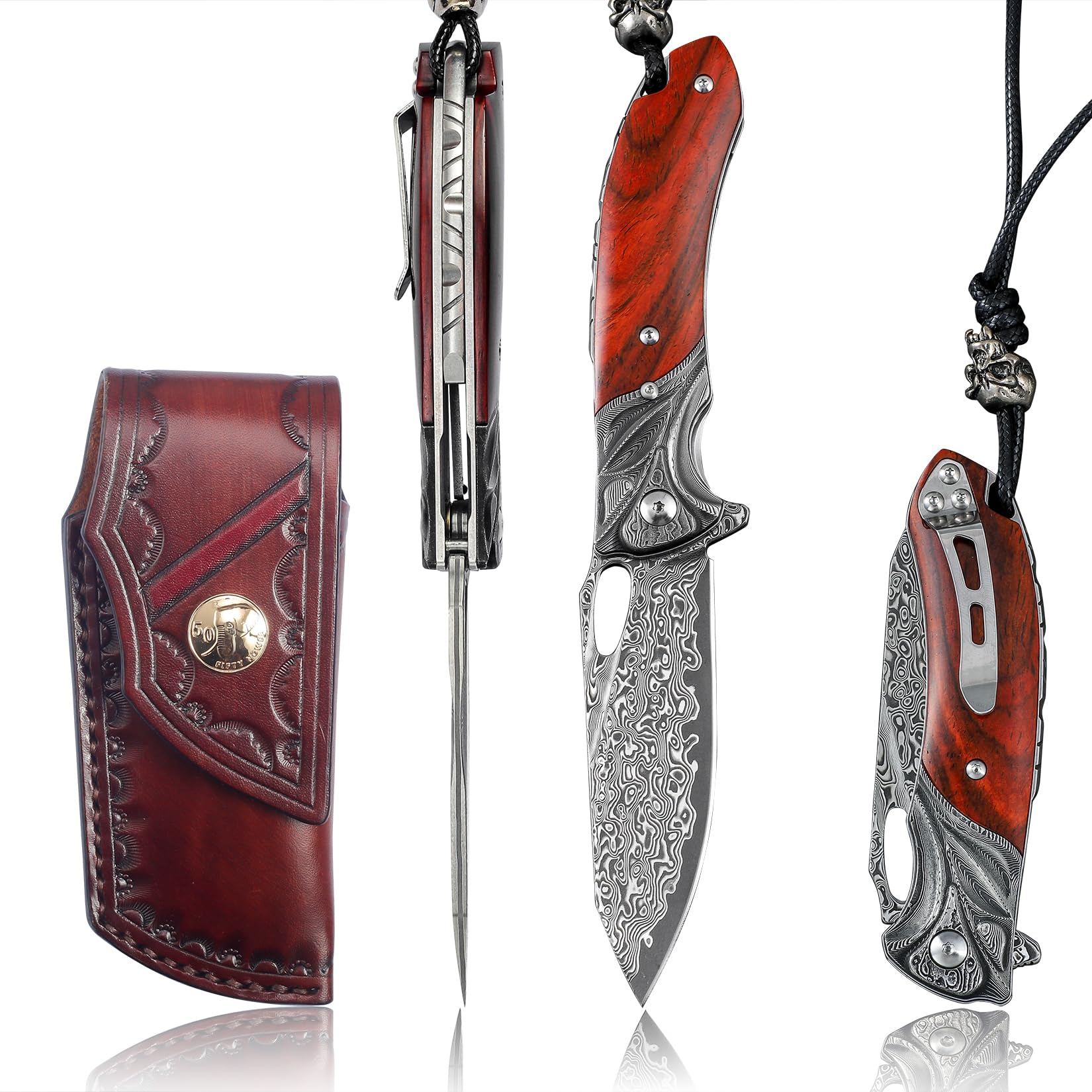 VNLA Exquisite Praxis Handmade Japan Damascus steel folding Pocket Knife, VG10 Blade Folding knife,With Handmade Leather sheath,Pocket clip.RoseWood Handle.