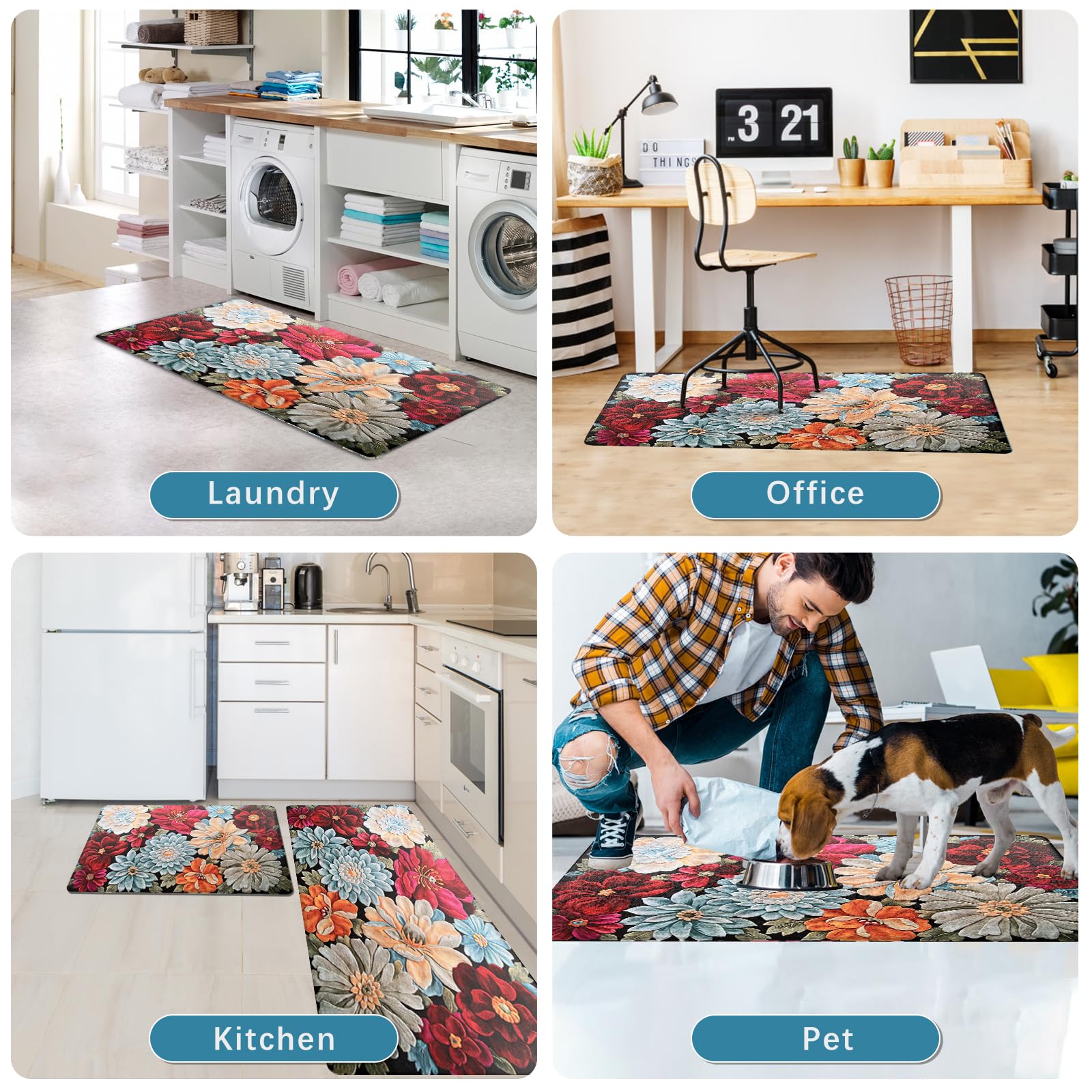 Sofort Kitchen Mats for Floor Cushioned Anti-Fatigue Kitchen Rugs, Set of 2 Boho Floral Kitchen Mats and Rugs, Non-Slip Waterproof Comfort Standing Mats for Kitchen, Laundry, Sink, Office