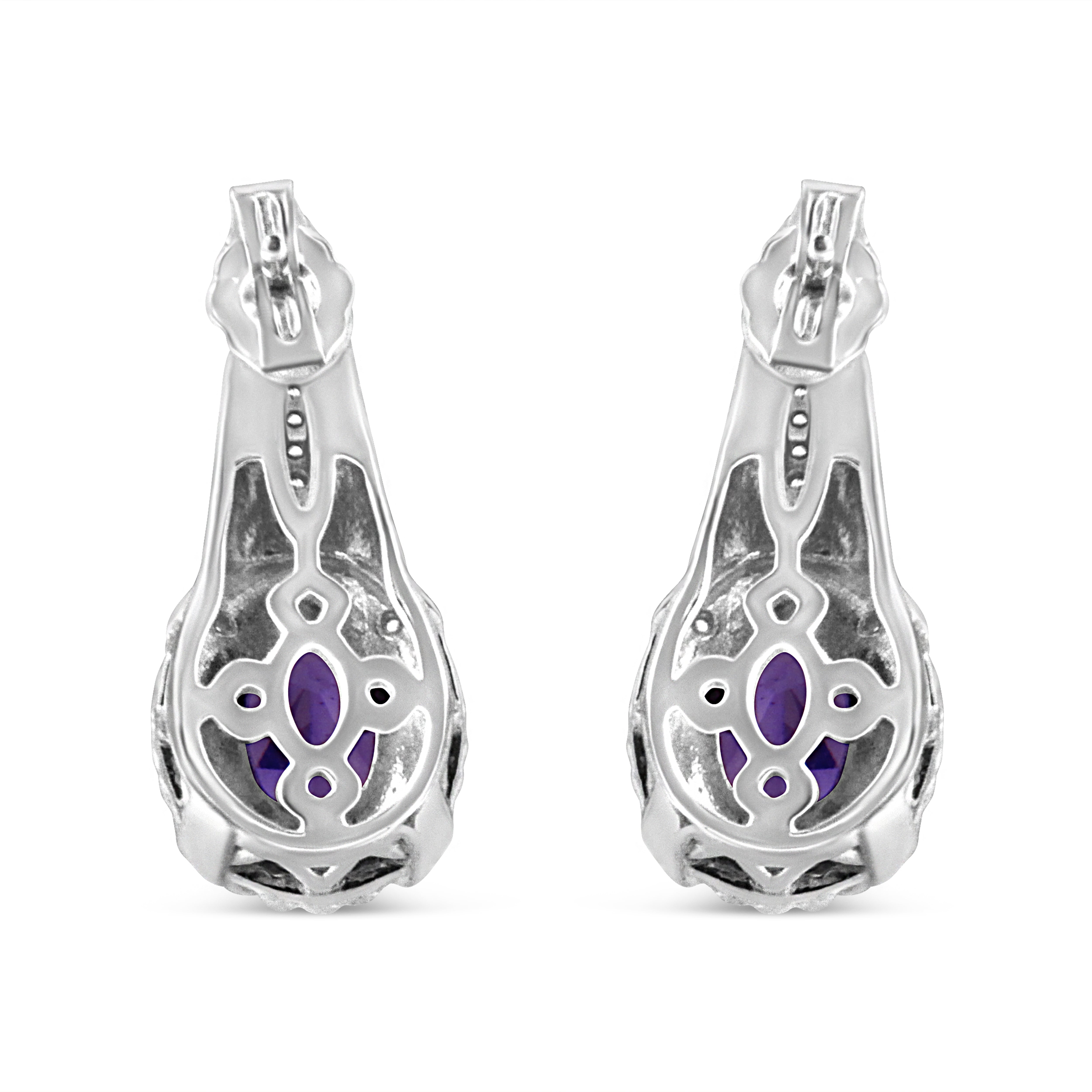 .925 Sterling Silver 8x6 MM Natural Oval Purple Amethyst Gemstone and Diamond Accent Art Deco Style Drop and Dangle Earrings (I-J Color, I1-I2 Clarity)