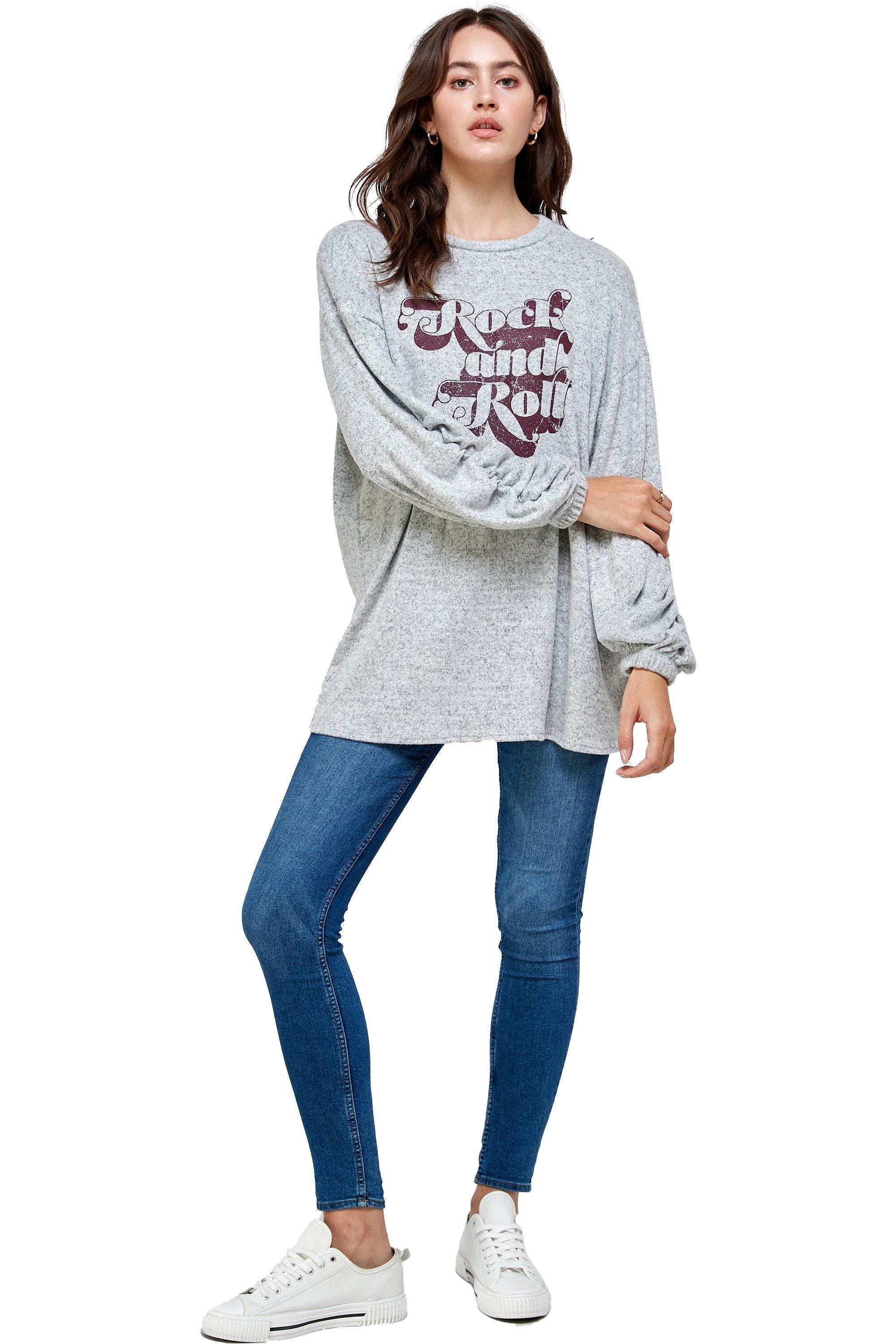 Brushed Knit Screen Print Loose Fit  Women's Sweat Shirt