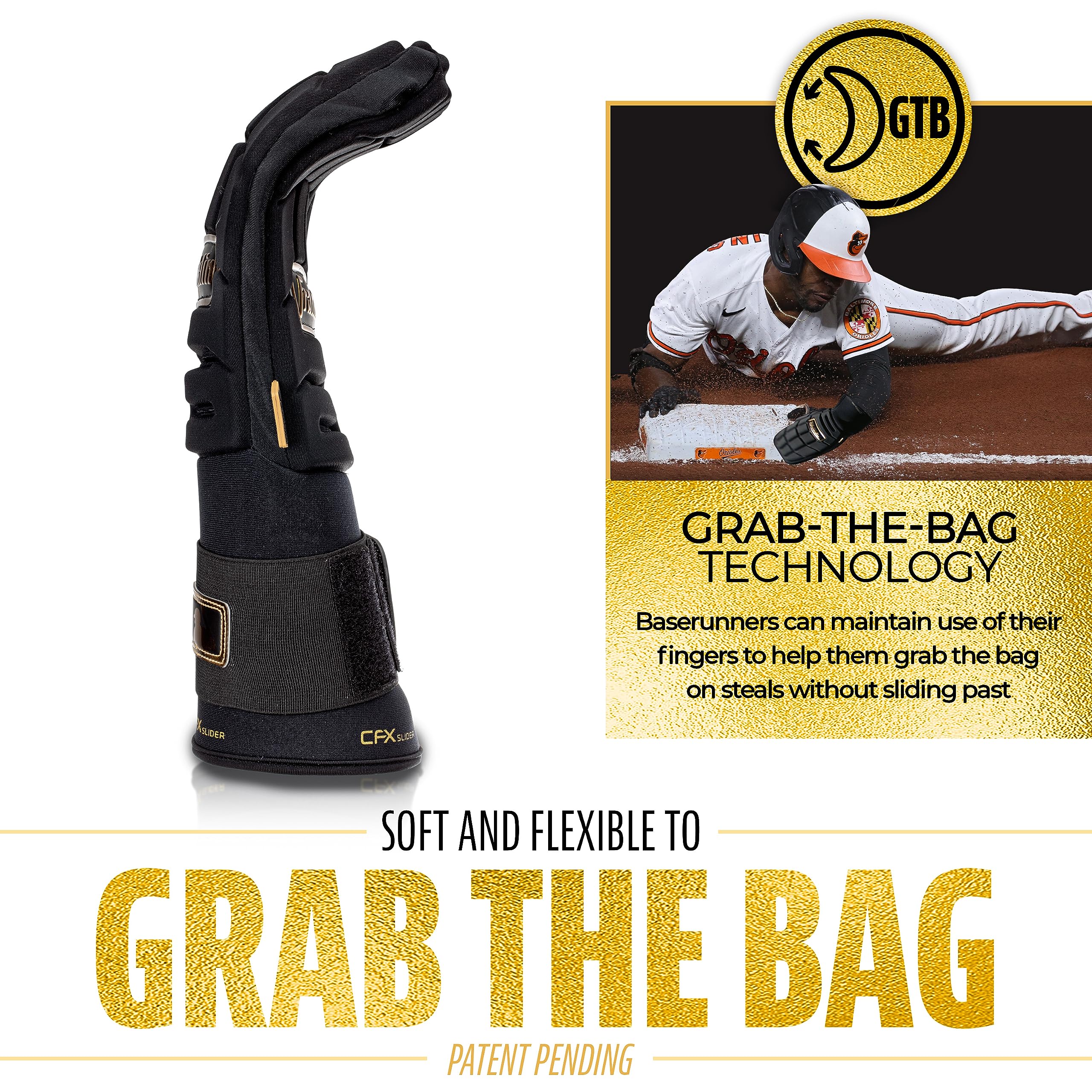 Franklin Sports MLB Baseball + Softball Sliding Mitt - CFX PRT Adult Protective Baserunning Sliding Glove - Left + Right Hand Mitt - Hand + Wrist Protector for Running - Black + Gold - One Size
