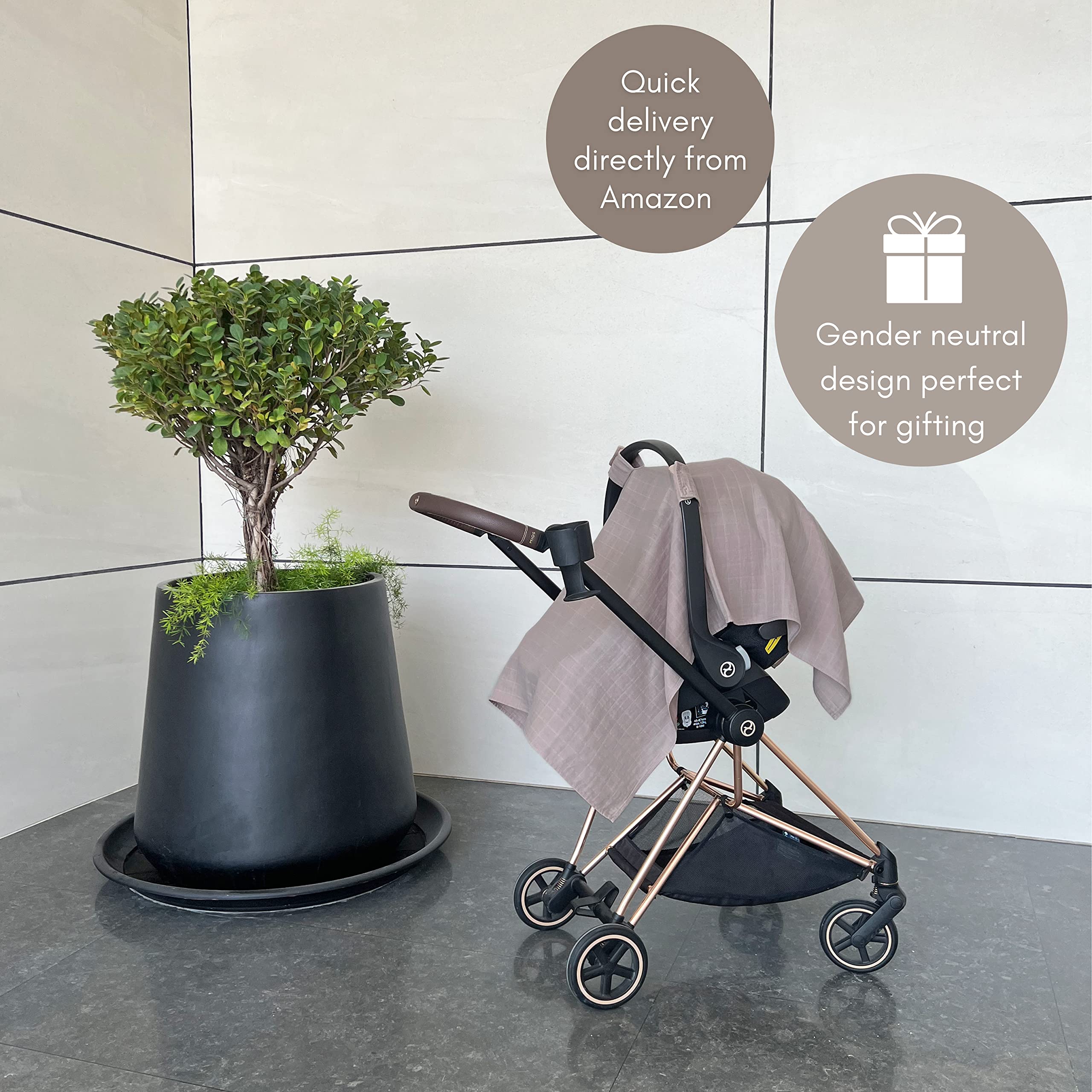 MOZAH 100% Organic Muslin Baby Car Seat Cover Muslin Carseat Canopy Baby Car Seat Covers for Boys (Warm Taupe)