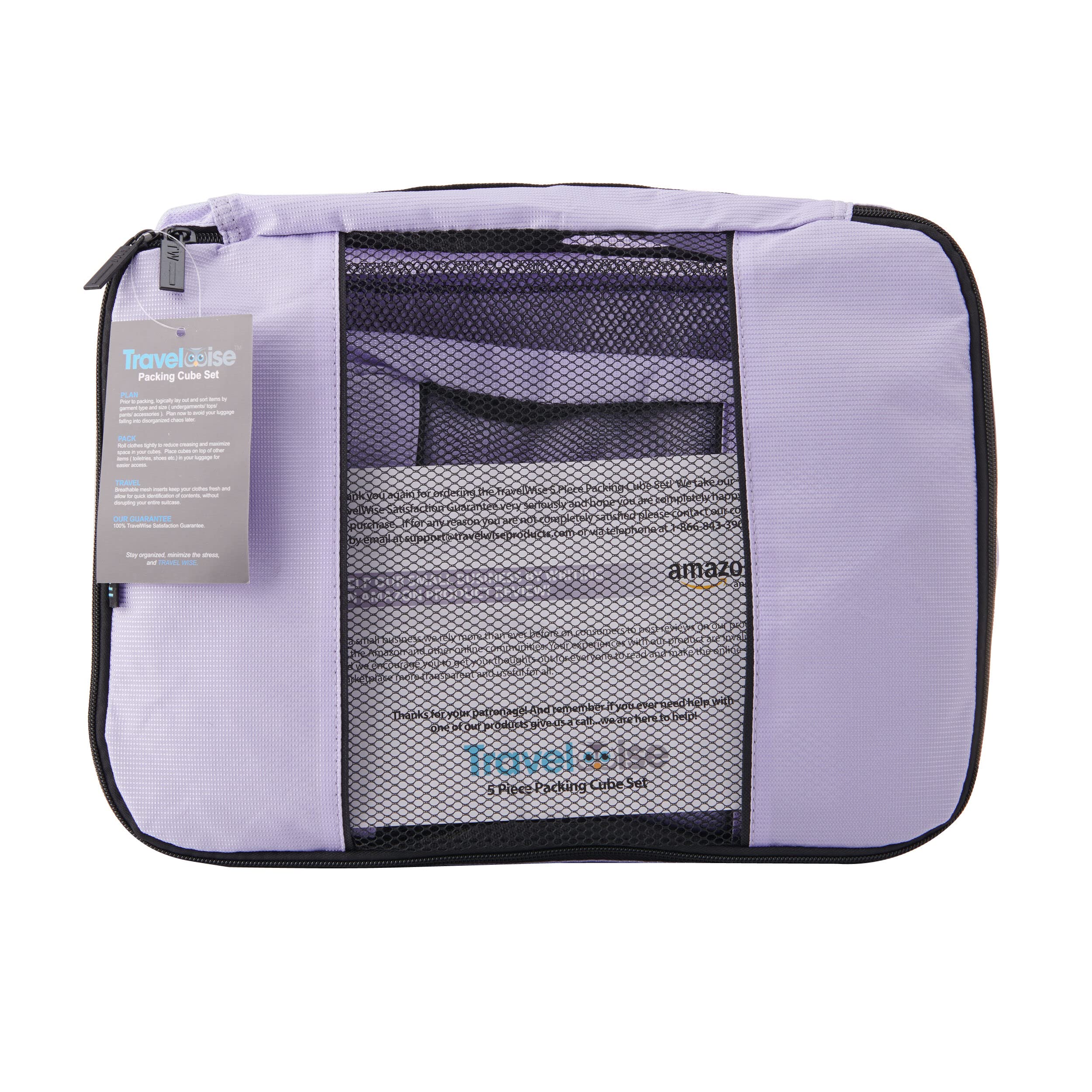 TravelWise Luggage Packing Organization Cubes 5 Pack, Lavender, 2 Small, 2 Medium, 1 Large (TWPC-27)