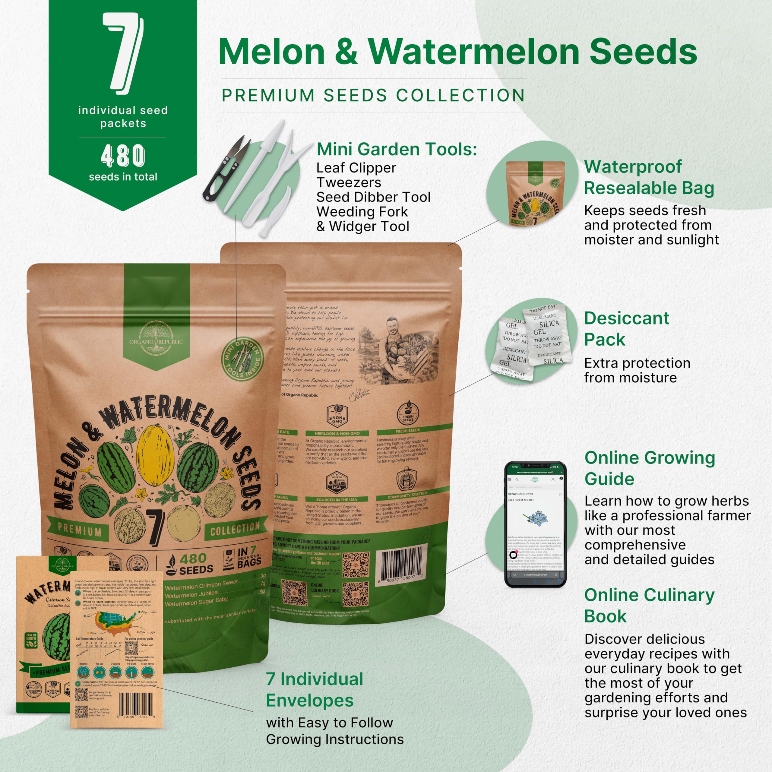 7 Melon & Watermelon Seeds Variety Pack 480+ Non-GMO Heirloom Fruit Seeds for Planting Fruits in Individual Seed Packets, Home Survival Garden Seeds for Hydroponic, Indoor and Outdoors Gardening