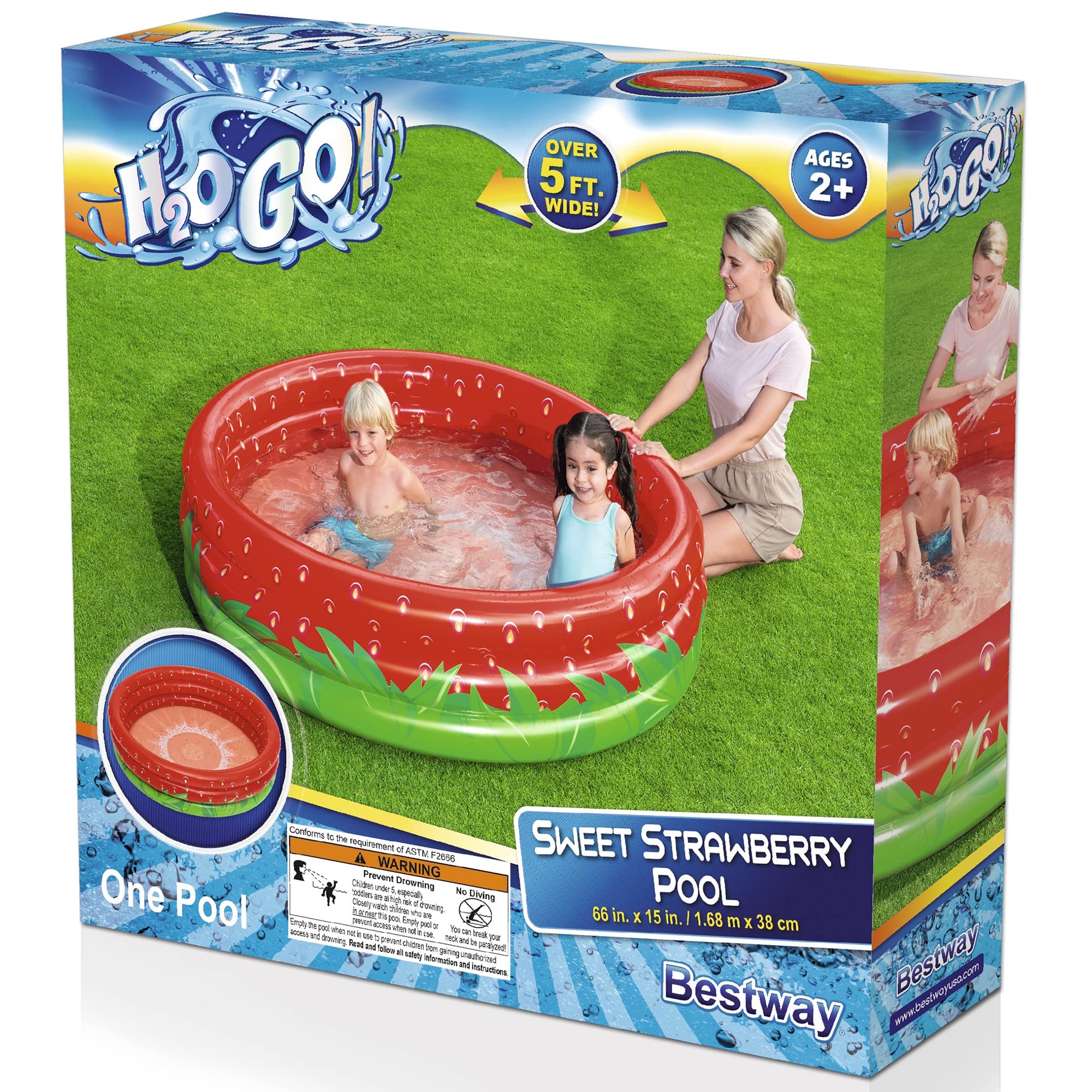 H2OGO! Bestway Sweet Strawberry Pool - 66" x H15 - Inflatable 3-Ring Play Pool, Kids,103 Gallon, Ages 2+